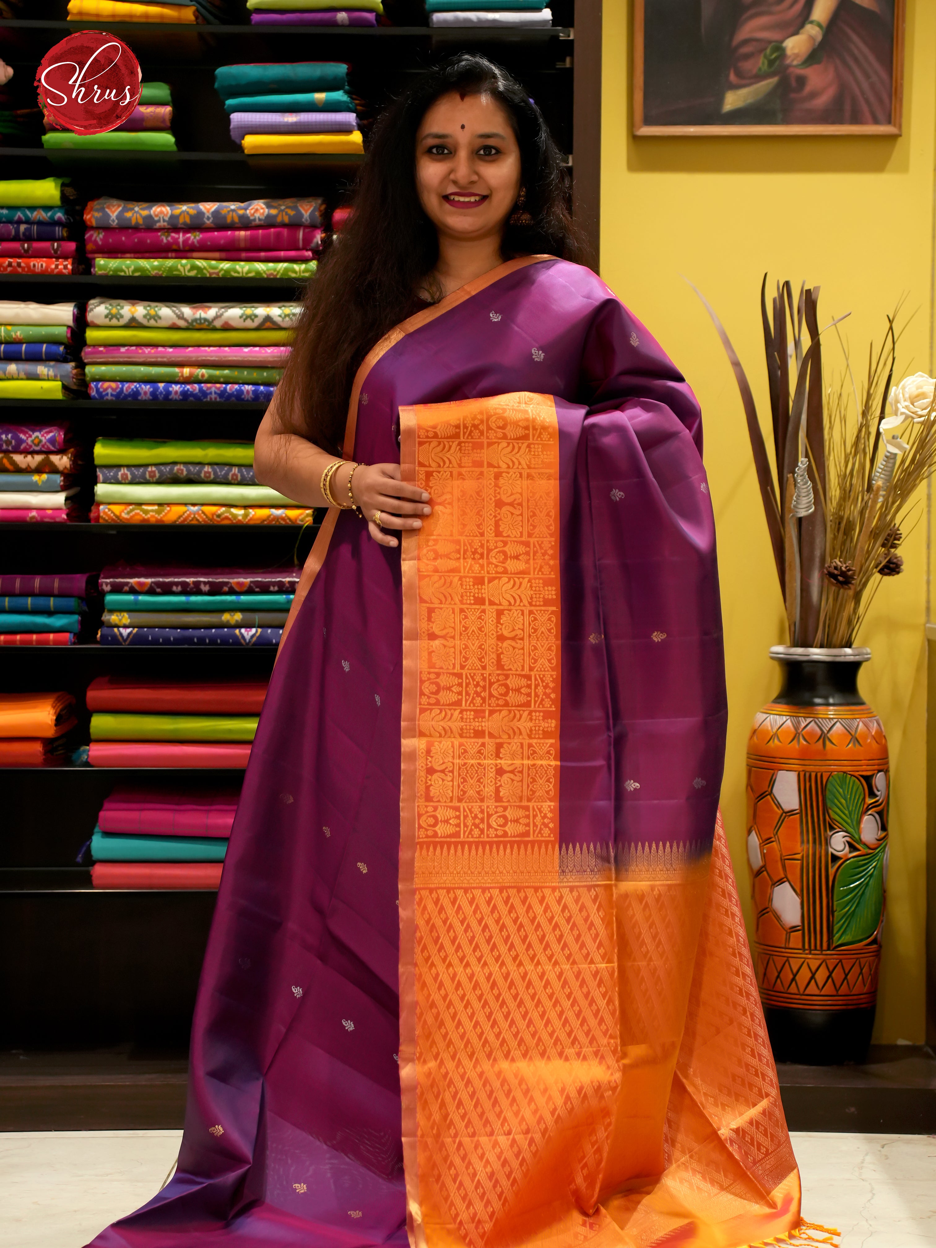 Stunning Purple Soft Silk Saree With Small Buttas, Mustard Broad Zari Border & Brocade Pallu
