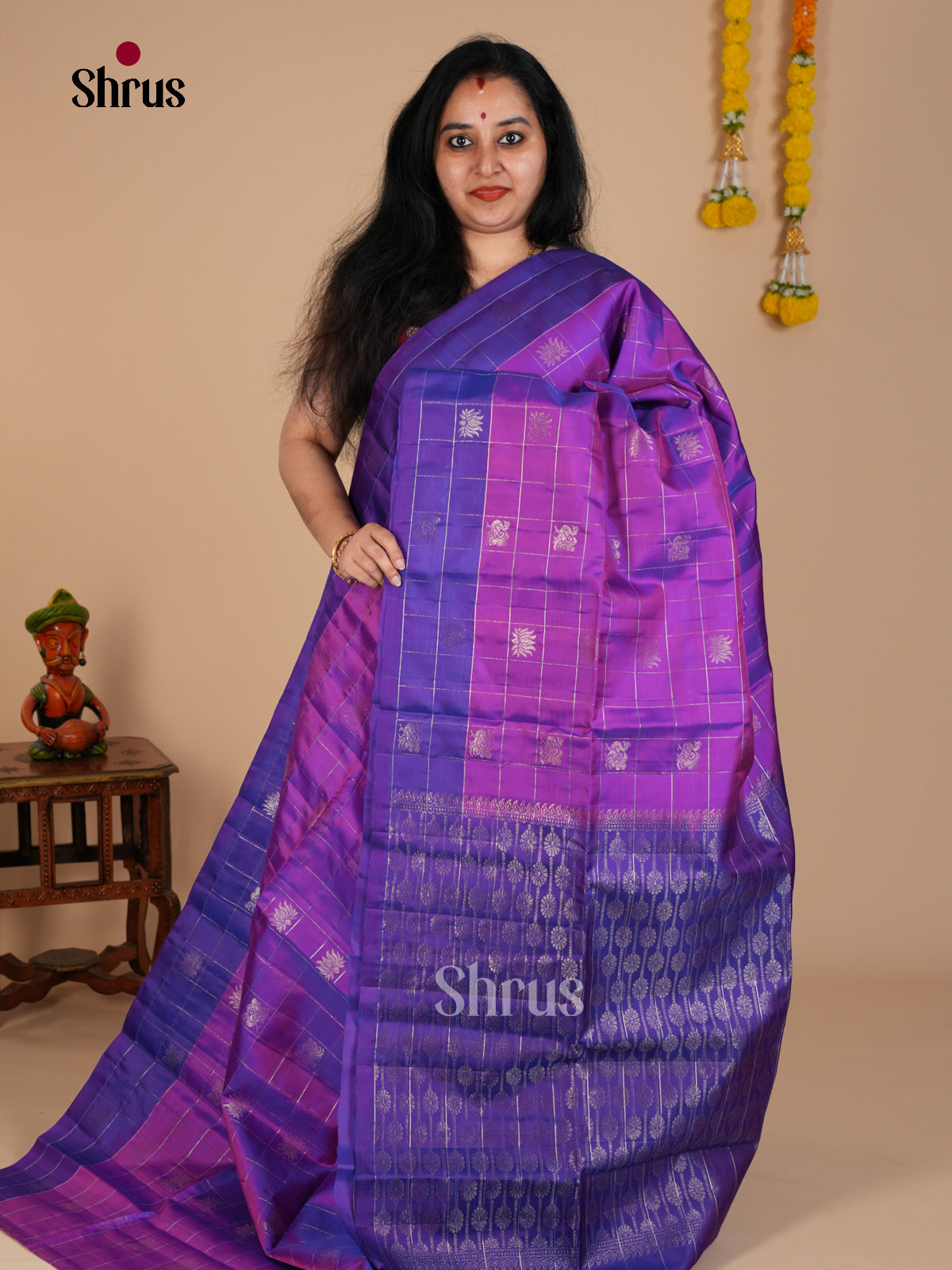 Buy Vivid Purple Soft Silk Saree With Zari Woven Checks, Floral Buttas & Violet Border & Brocade Pallu