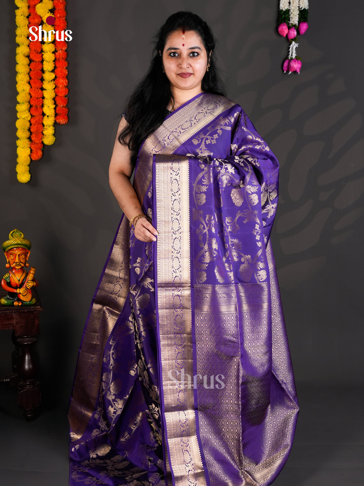 Buy Vibrant Purple Soft Silk Saree with Golden Floral Vines, Zari Border & Brocade Pallu