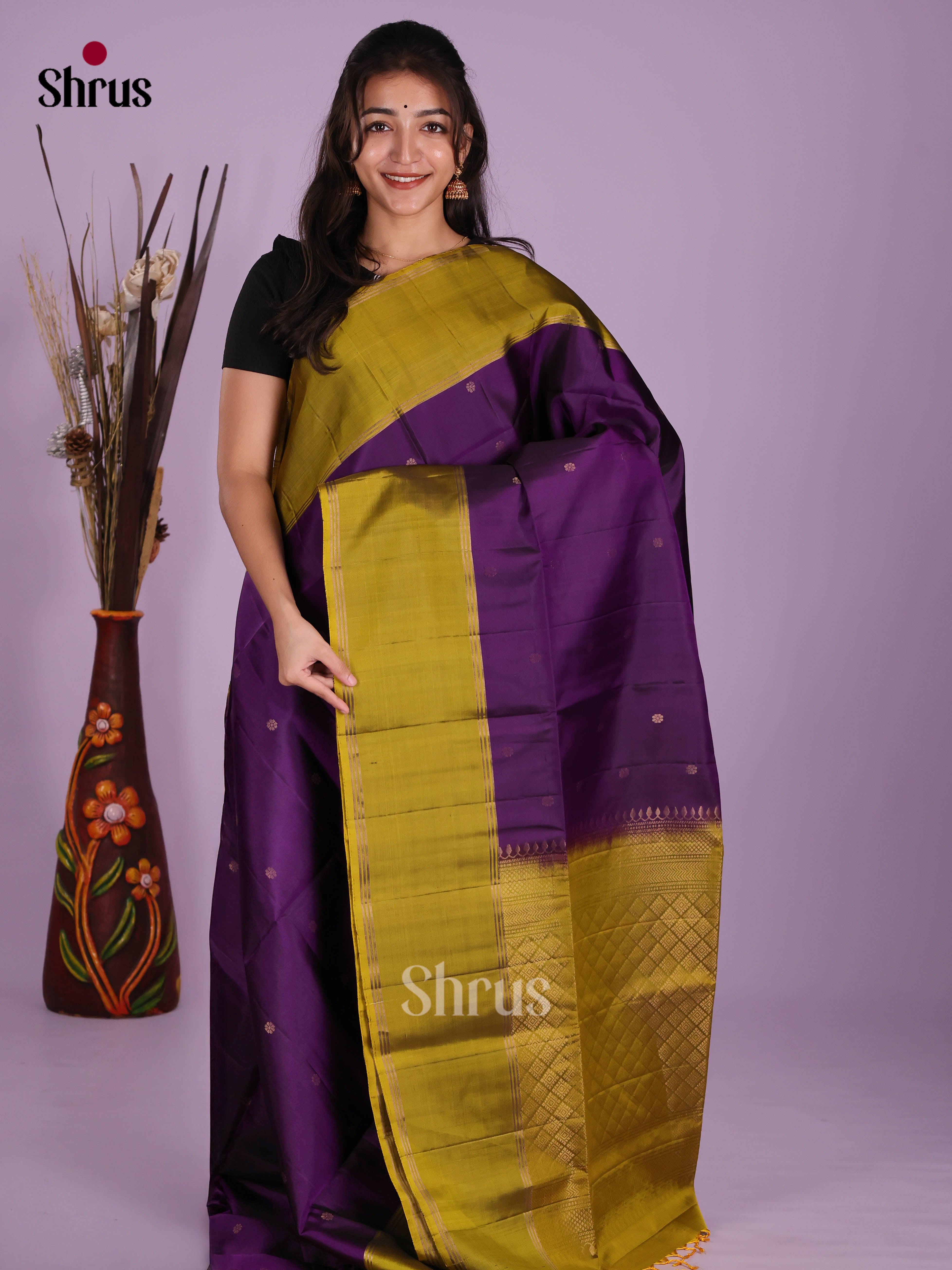Buy Regal Purple Soft Silk Saree with Golden Zari Buttas, Olive Green Border & Brocade Border