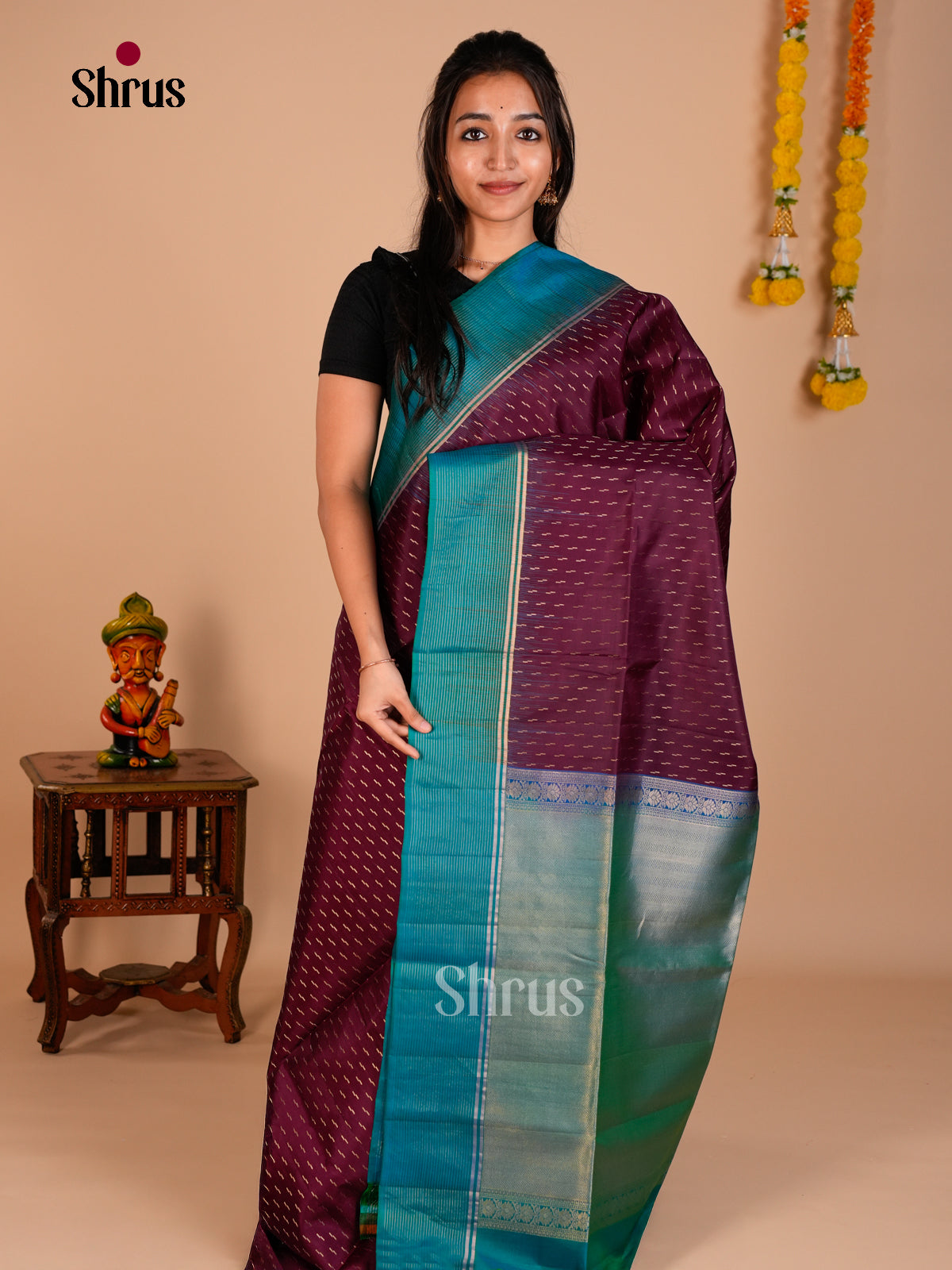 Buy Chic Purple Soft Silk Saree with Stripes Butta, Teal Striped Border & Zari Brocade Pallu