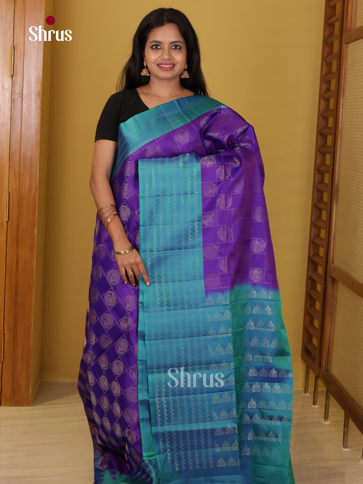 Buy Exquisite Purple Soft Silk Saree with Zari Checks, Annapakshi Motifs & Teal Blue Brocade Pallu