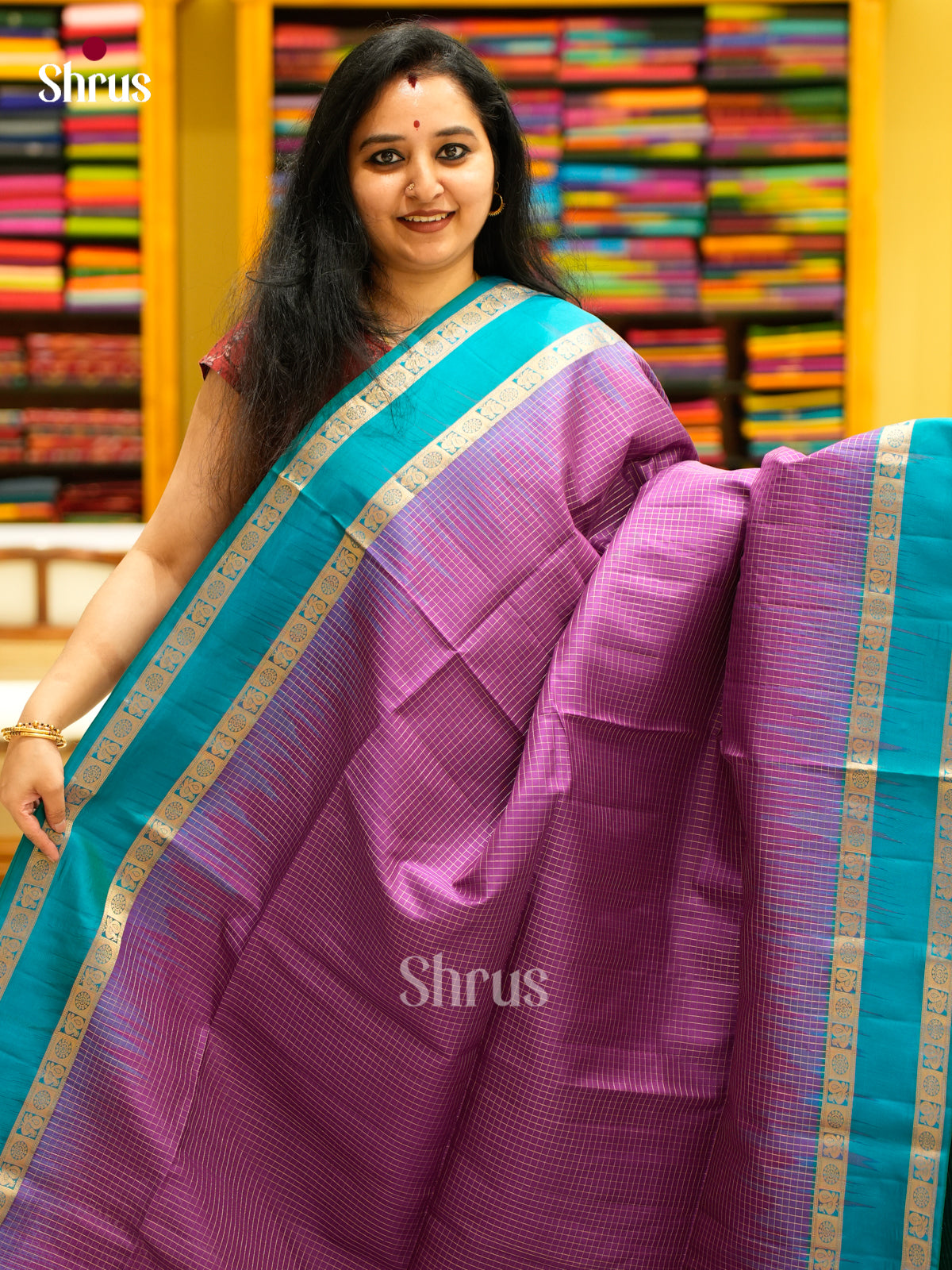 Buy Stunning Purple Soft Silk Sarees With Micro Checks, Teal Green Rettapiet Border & Zari Pallu