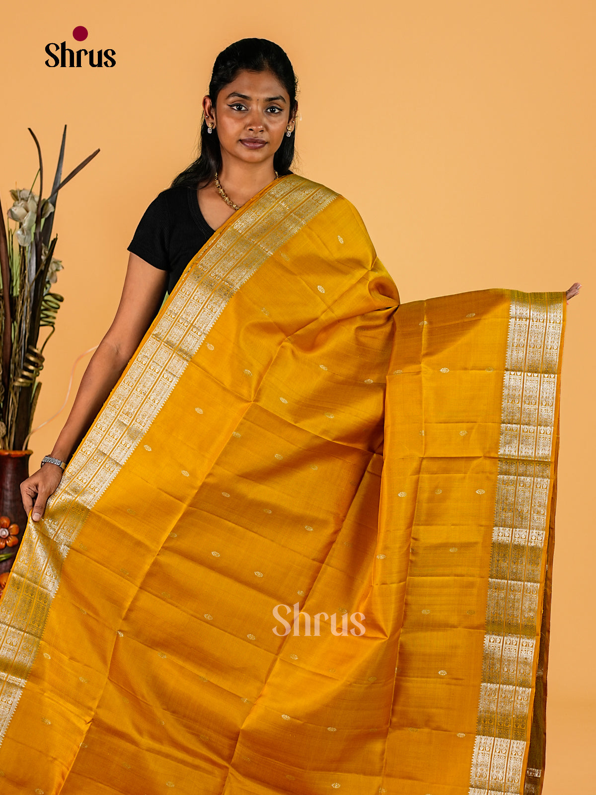 Radiant Mustard Yellow Soft Silk Sarees with Gold Buttas, Self Border With Zari Bands & Brocade Pallu 1