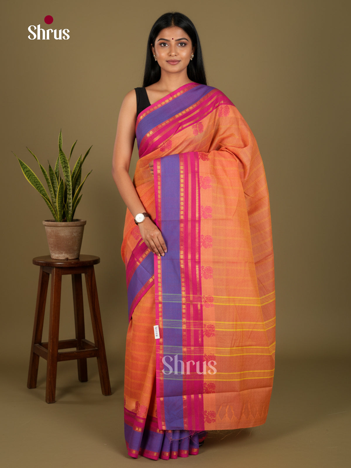 Radiant Orange Chettinad Cotton Saree With Subtle Stripes & Rettapet Zari Border