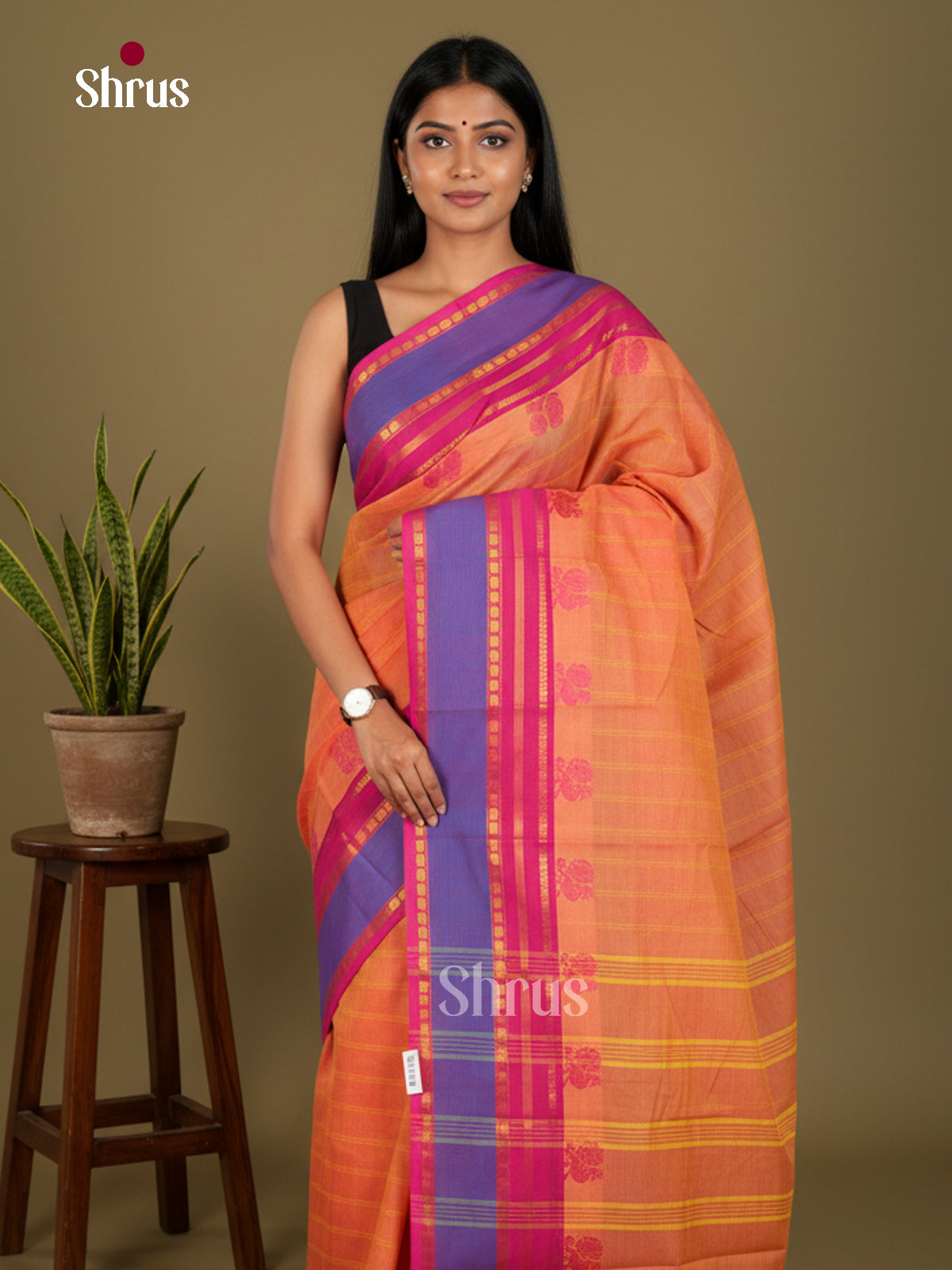 Radiant Orange Chettinad Cotton Sarees With Subtle Stripes & Rettapet Zari Border
