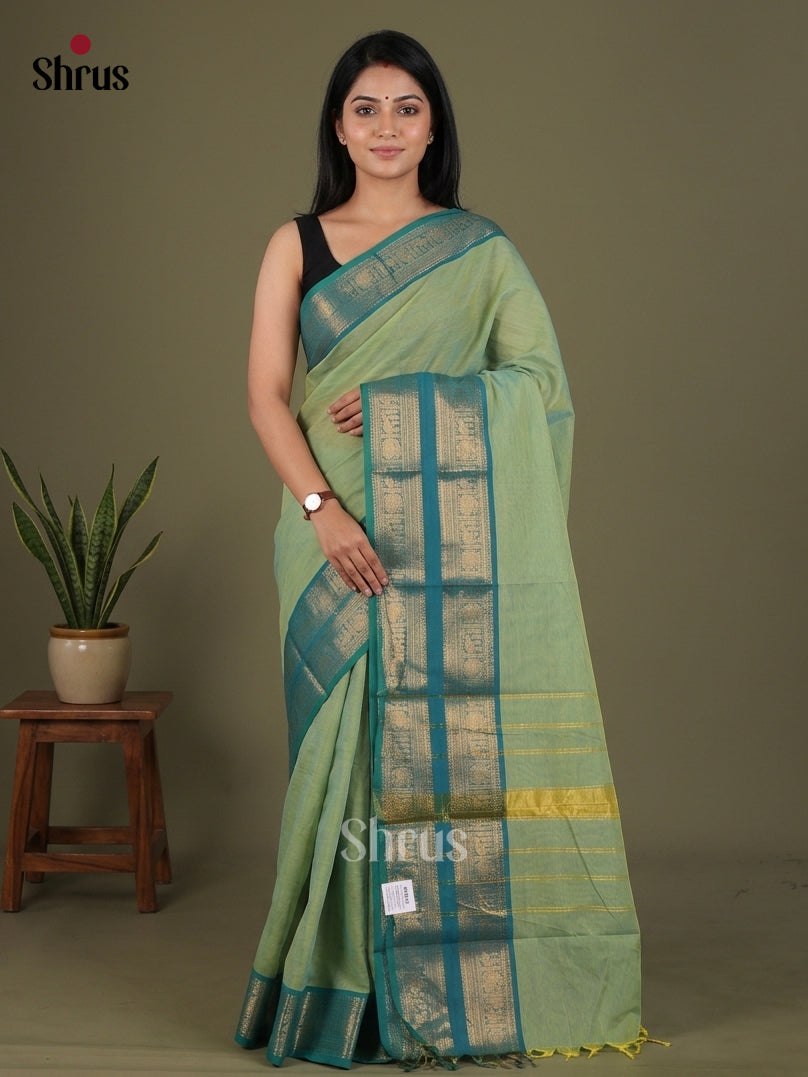 Radiant Pastel Green Chettinad Cotton Saree With Teal Blue Zari Border & Chit Pallu
