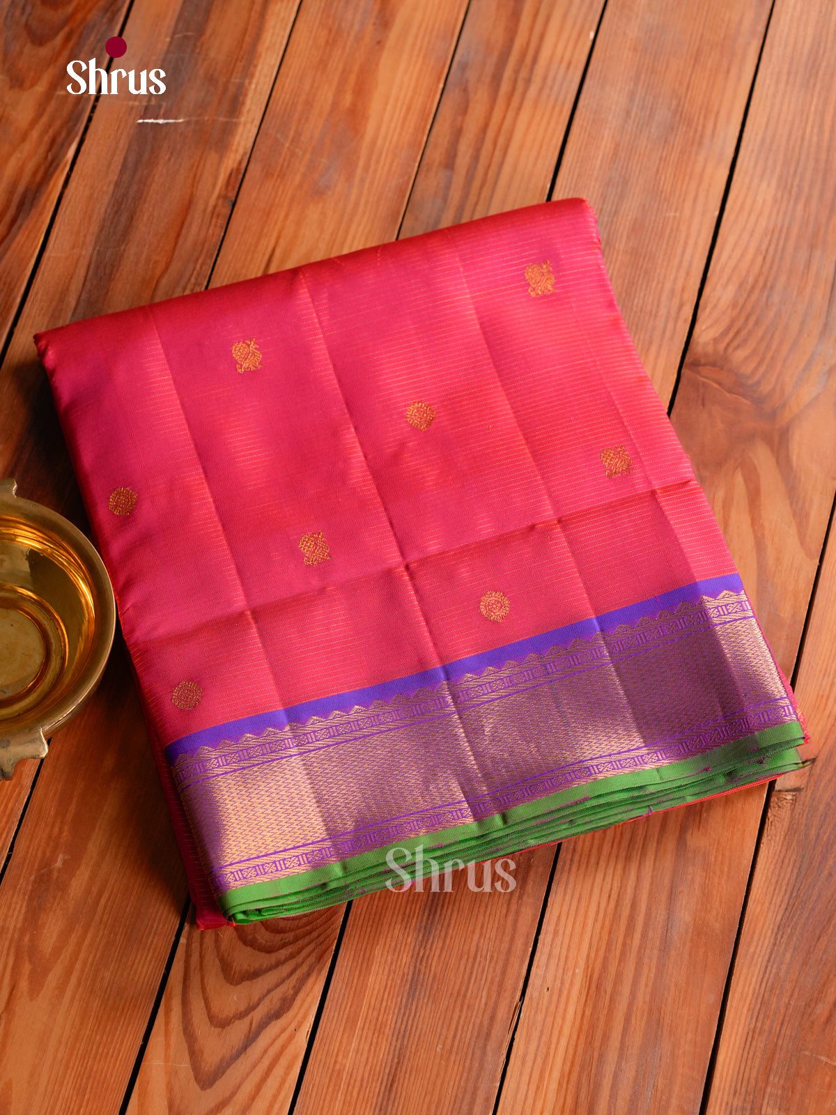 Radiant Pink 9Yards Kanchipuram Saree With Gold Buttas | Violet Kaddi Zari Border
