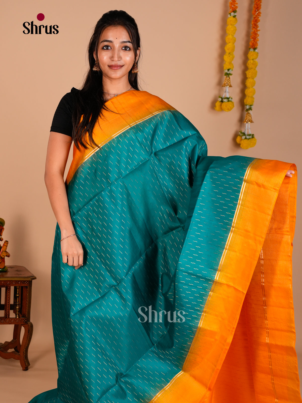 Buy Elegant Ramar Blue Pure Soft Silk Saree with Zari Stripes Buttas, Mustard Plain Border & Brocade Pallu