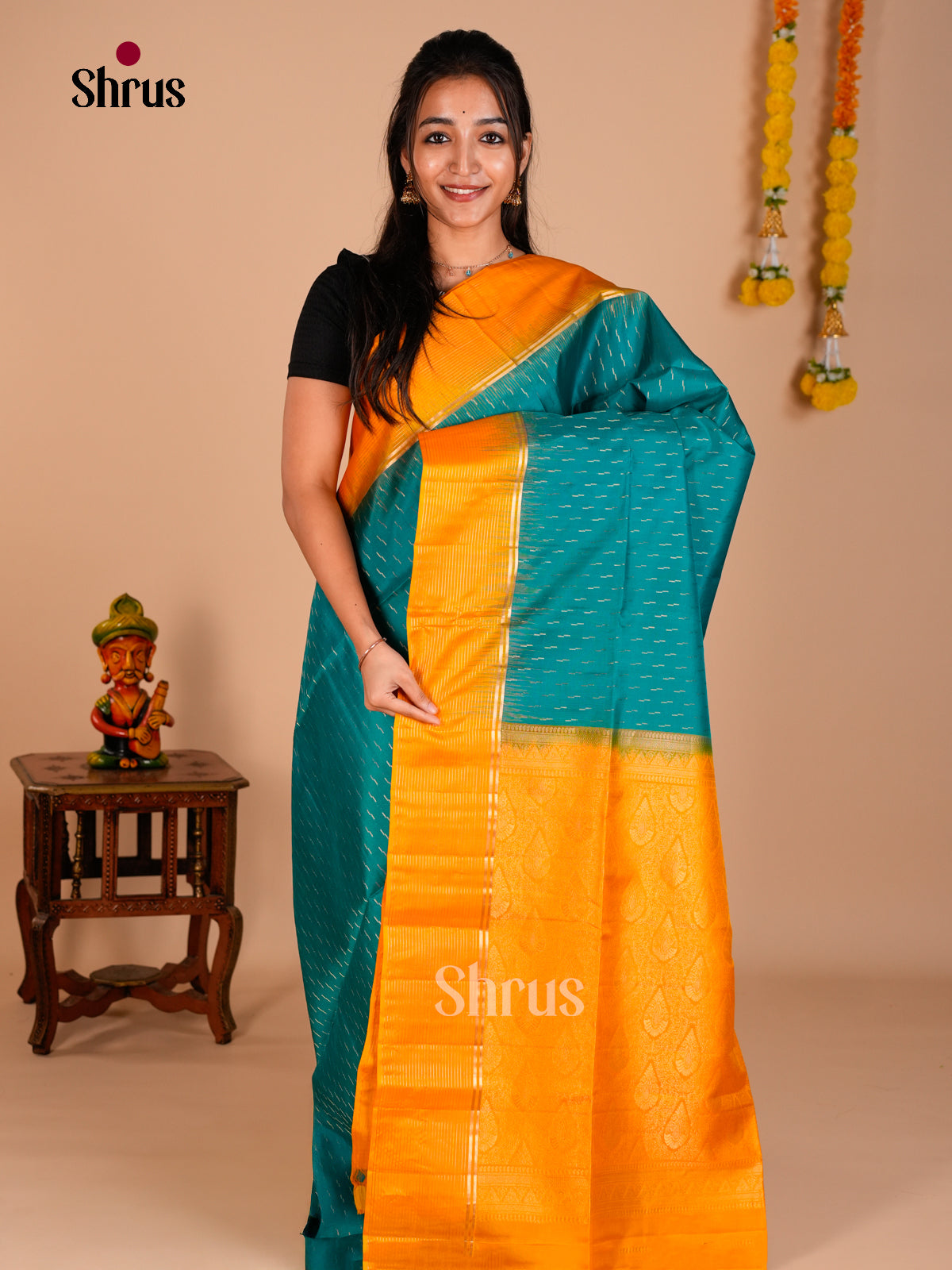 Buy Elegant Ramar Blue Soft Silk Saree with Zari Stripes Buttas, Mustard Plain Border & Brocade Pallu