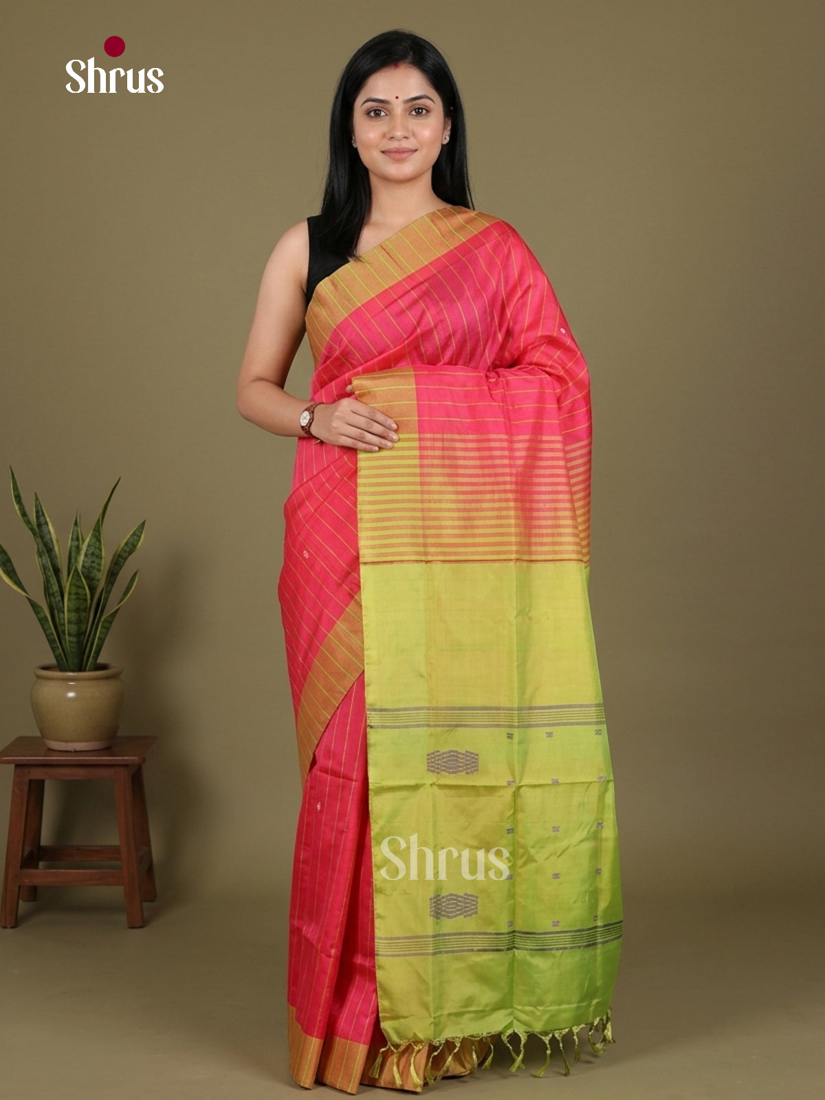 Buy Gorgeous Rani Pink Banana Pith Saree With Stripes & Lime Green Border & Pallu