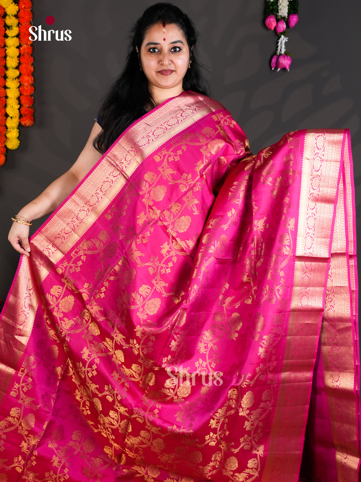Buy Traditional Rani Pink Pure Soft Silk Saree with Floral Nestling Pattern, Zari Border & Brocade Pallu