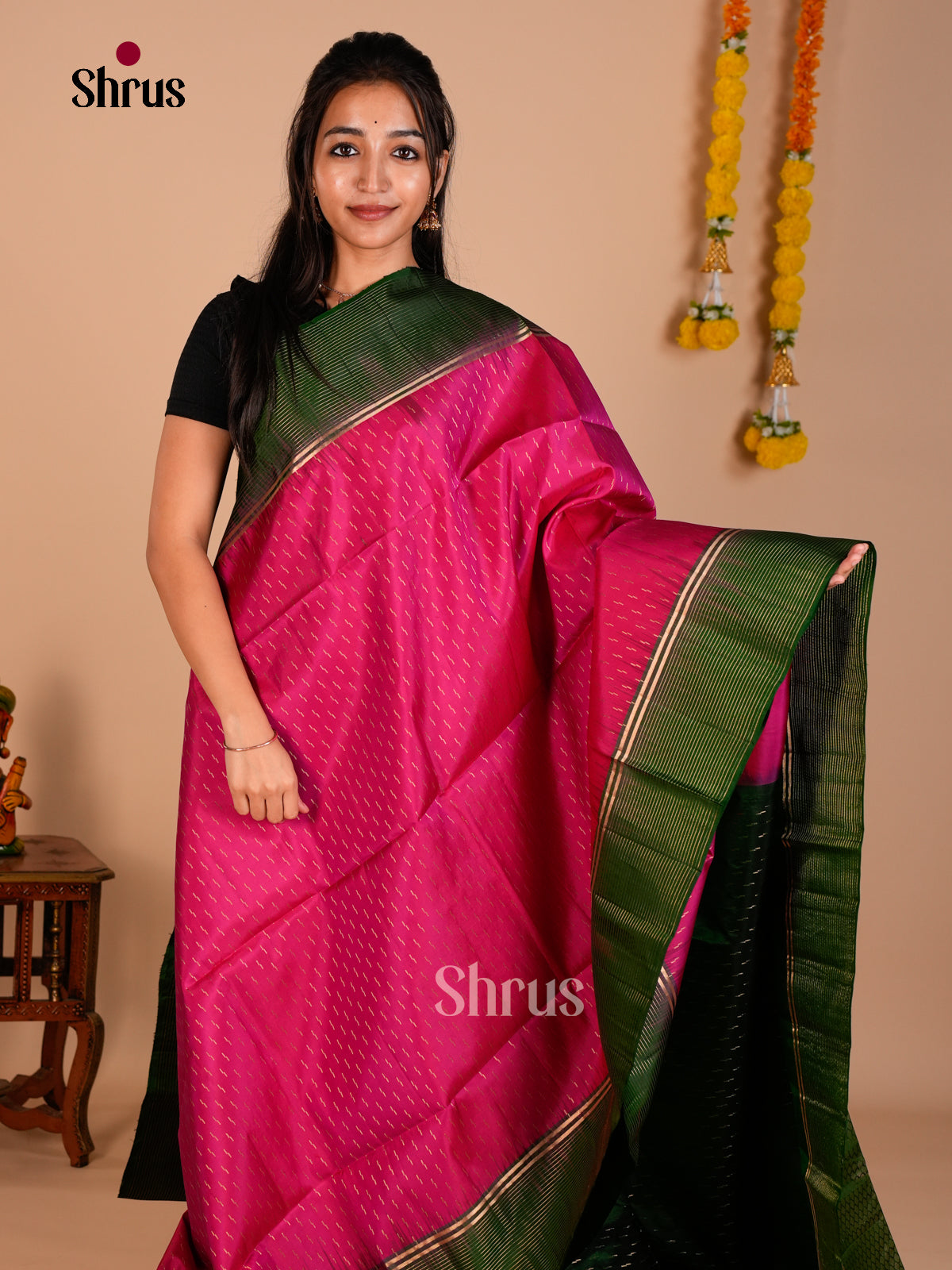 Buy Pretty Rani Pink Pure Soft Silk Saree with Zari Stripes Buttas & Green Brocade Pallu