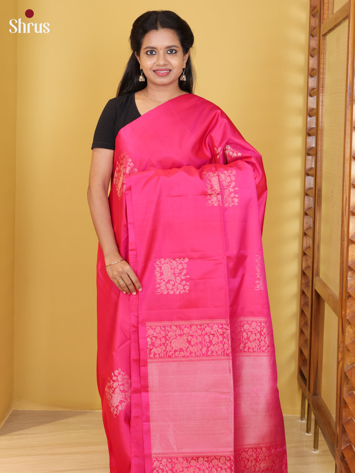Buy Bedazzling Rani Pink Soft Silk Saree With Zari Cow Motifs Framed In Floral Square Blocks