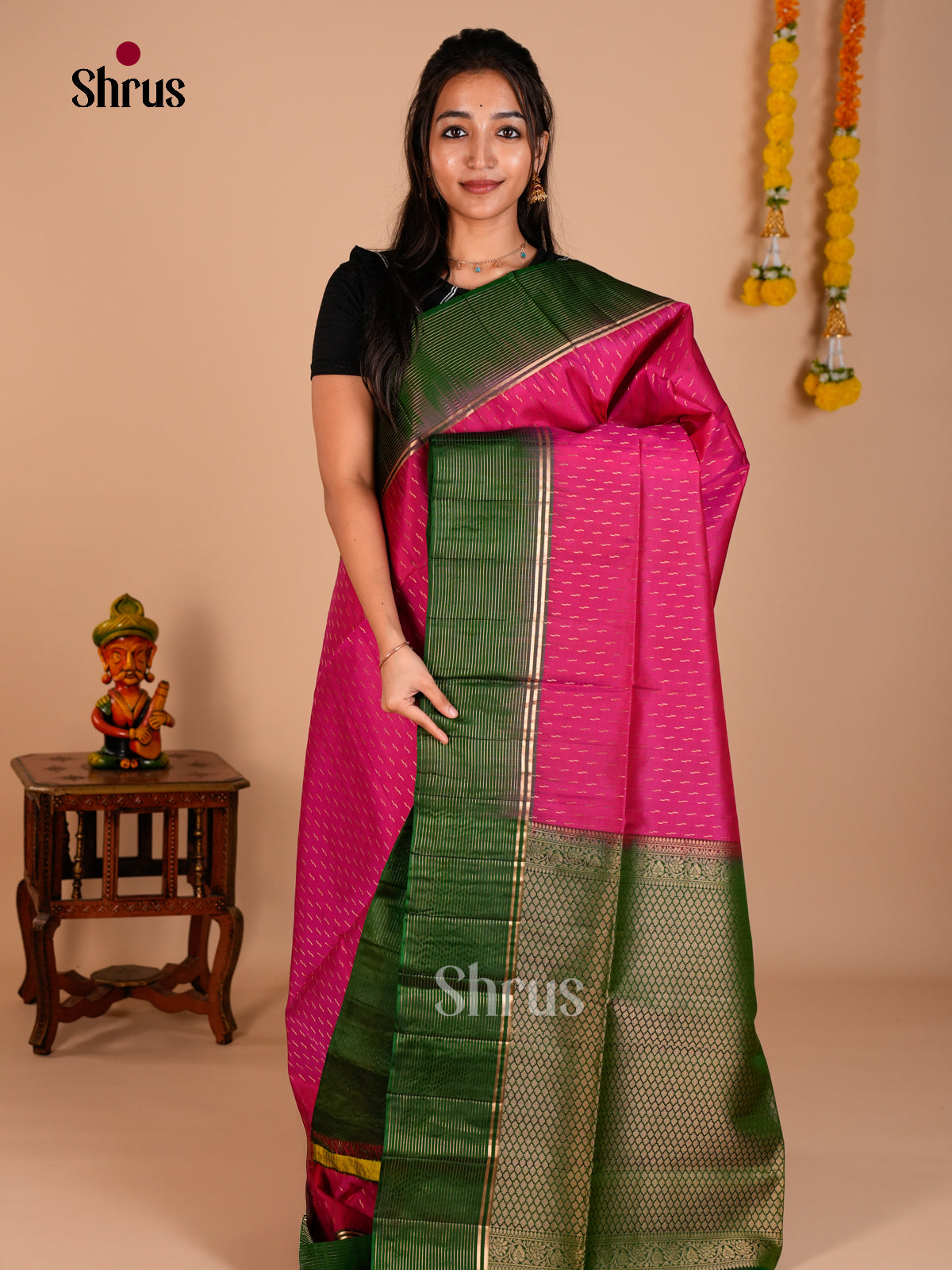 Buy Pretty Rani Pink Soft Silk Saree with Zari Stripes Buttas & Green Brocade Pallu