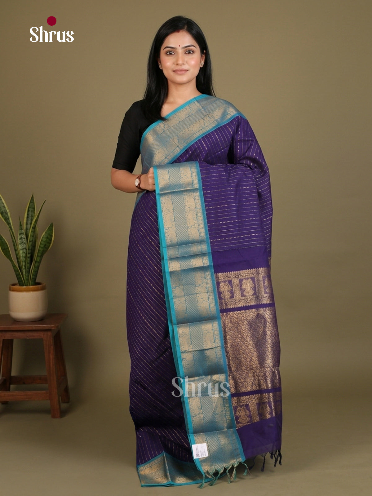 Ravishing Blue Chettinad Cotton Saree With Zari Stripes, Light Blue Border & Brocade Pallu