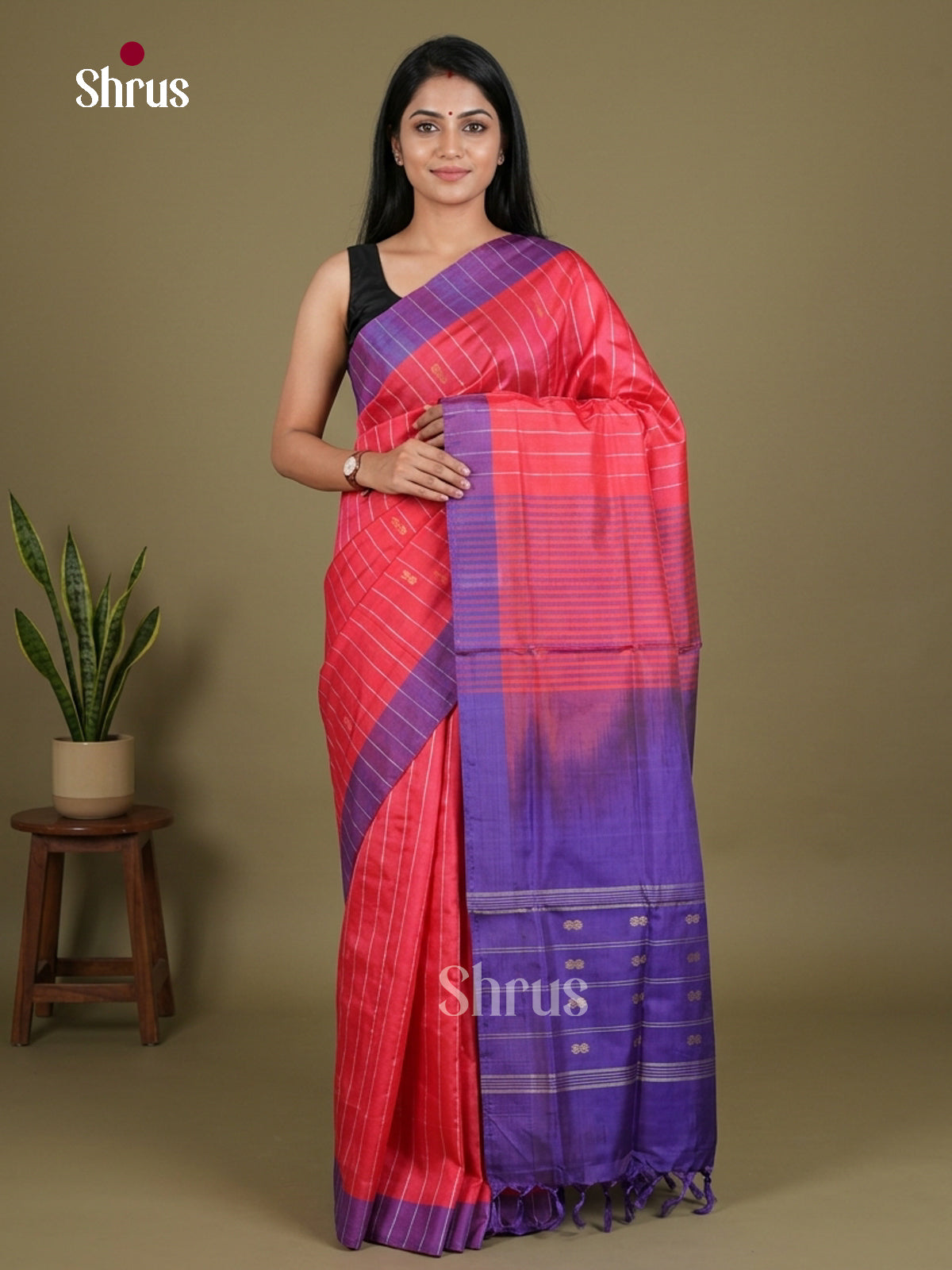 Buy Classic Red Banana Pith Saree With Diagonal Stripes, Purple Border & Zari Woven Pallu