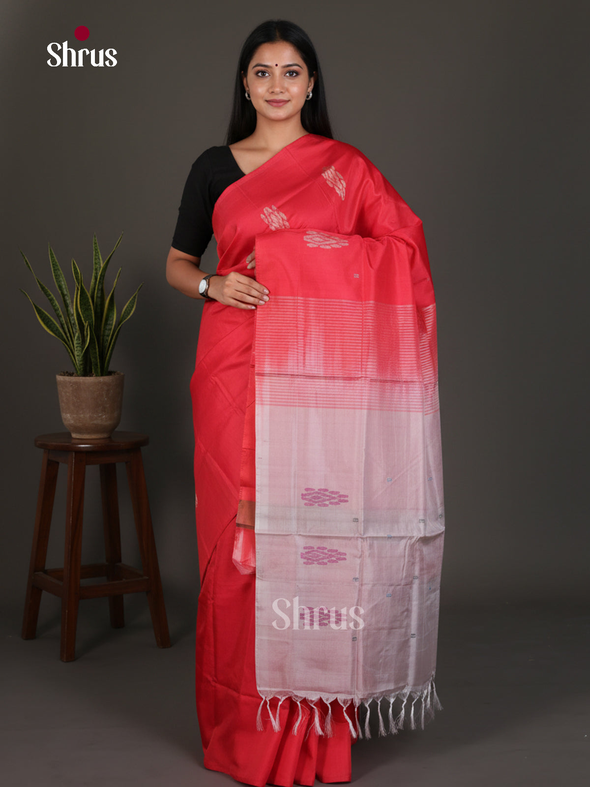 Buy Classy Red Banana Pith Saree With Zari Motifs & Off White Pallu With Geometric Buttas