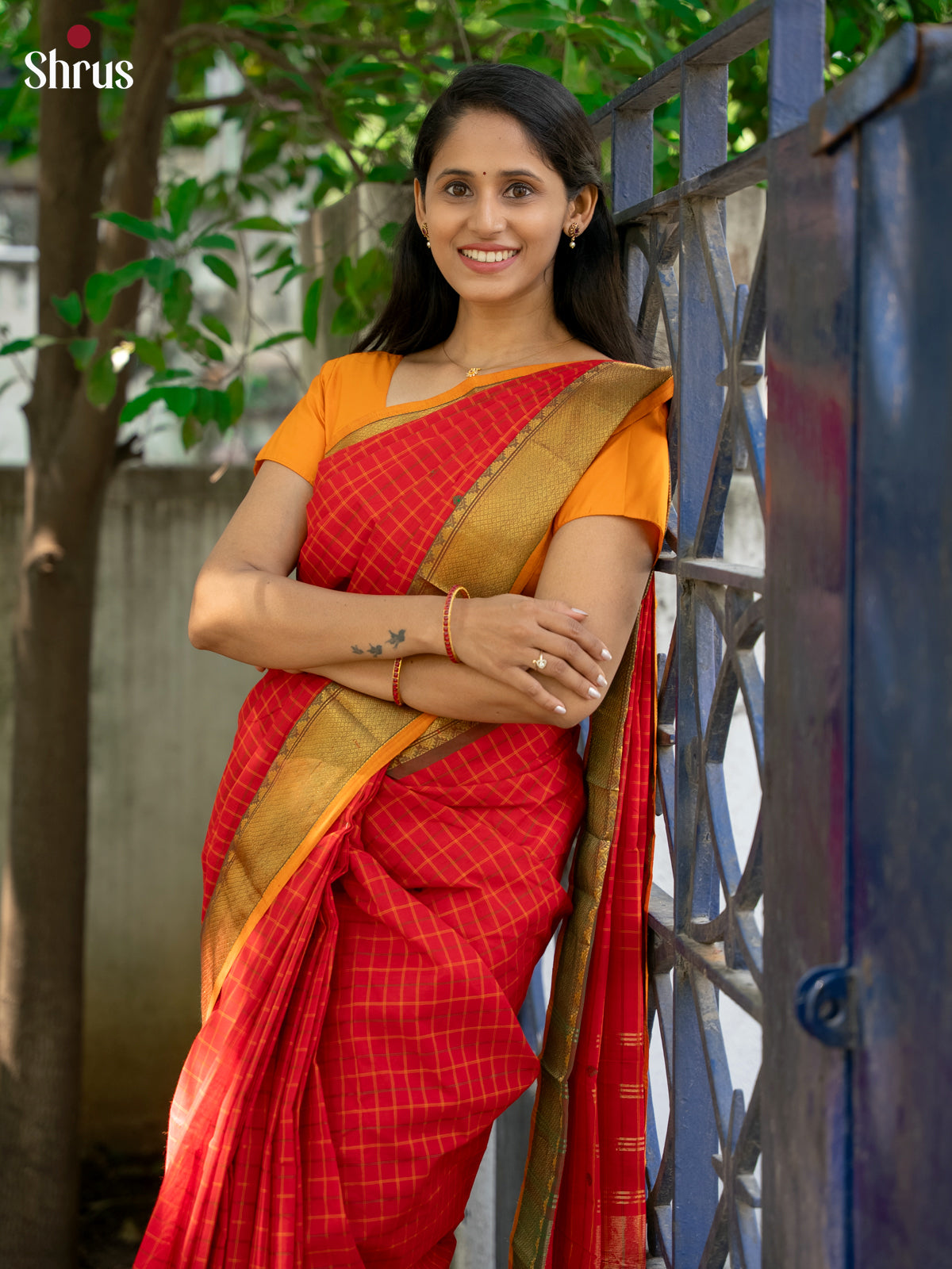 Timeless Red Chettinad Cotton Saree With Thread Checks, Buttas & Mustard Zari Border
