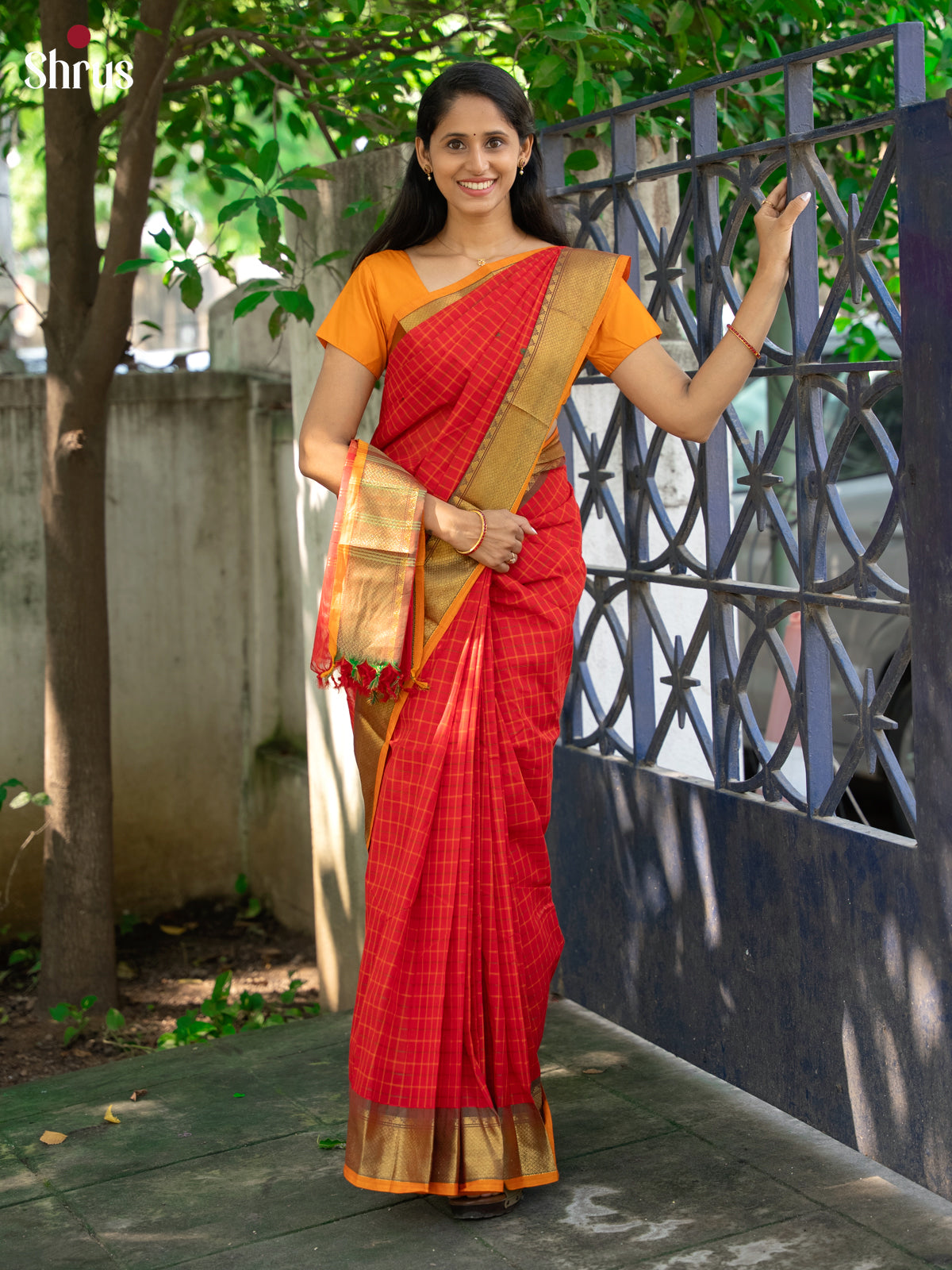 Timeless Red Chettinad Cotton Sarees With Thread Checks, Buttas & Mustard Zari Border