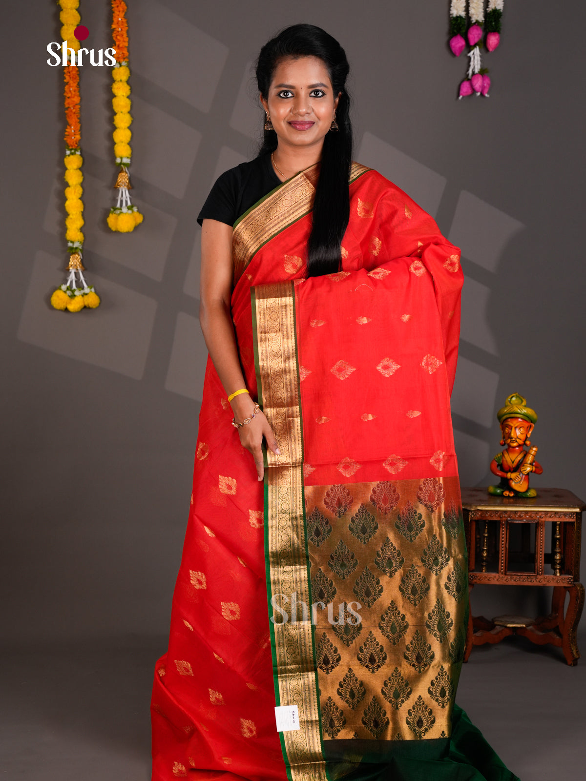 Buy Vibrant Red Cotton Silk Saree with Golden Motifs & Green Zari Border & Pallu