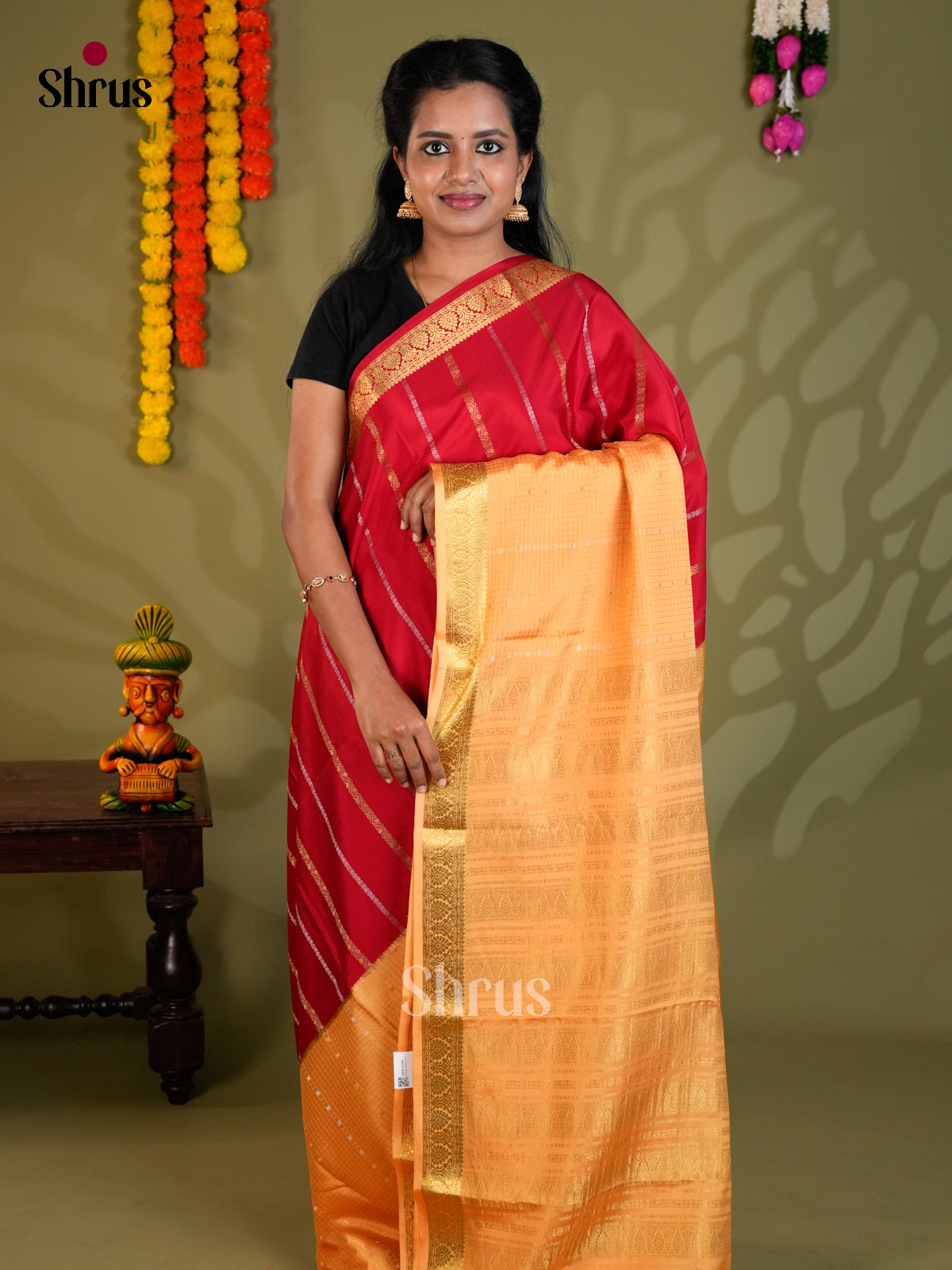 Buy Striking Red Half & Half Mysore Silk Saree with Gold Stripes, Peach Checks & Zari Pallu