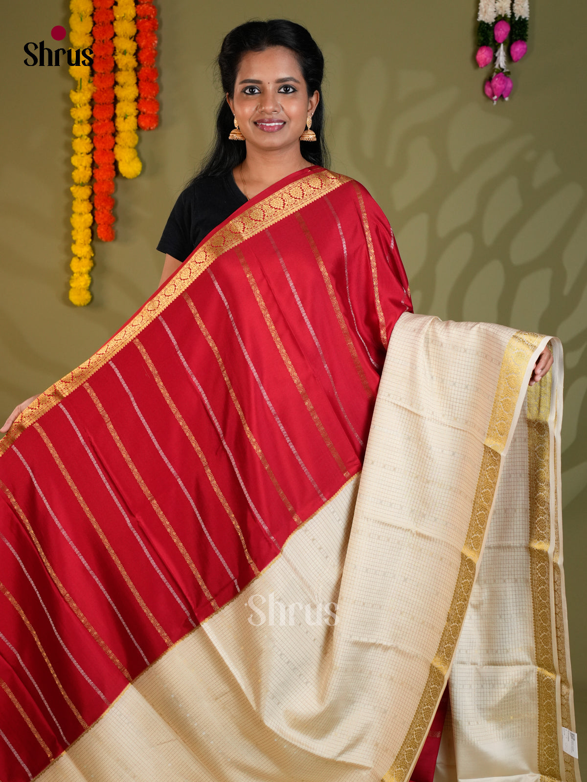 Buy Classic Red Half & Half Mysore Silk Sarees with Gold Stripes, Cream Checks & Zari Pallu