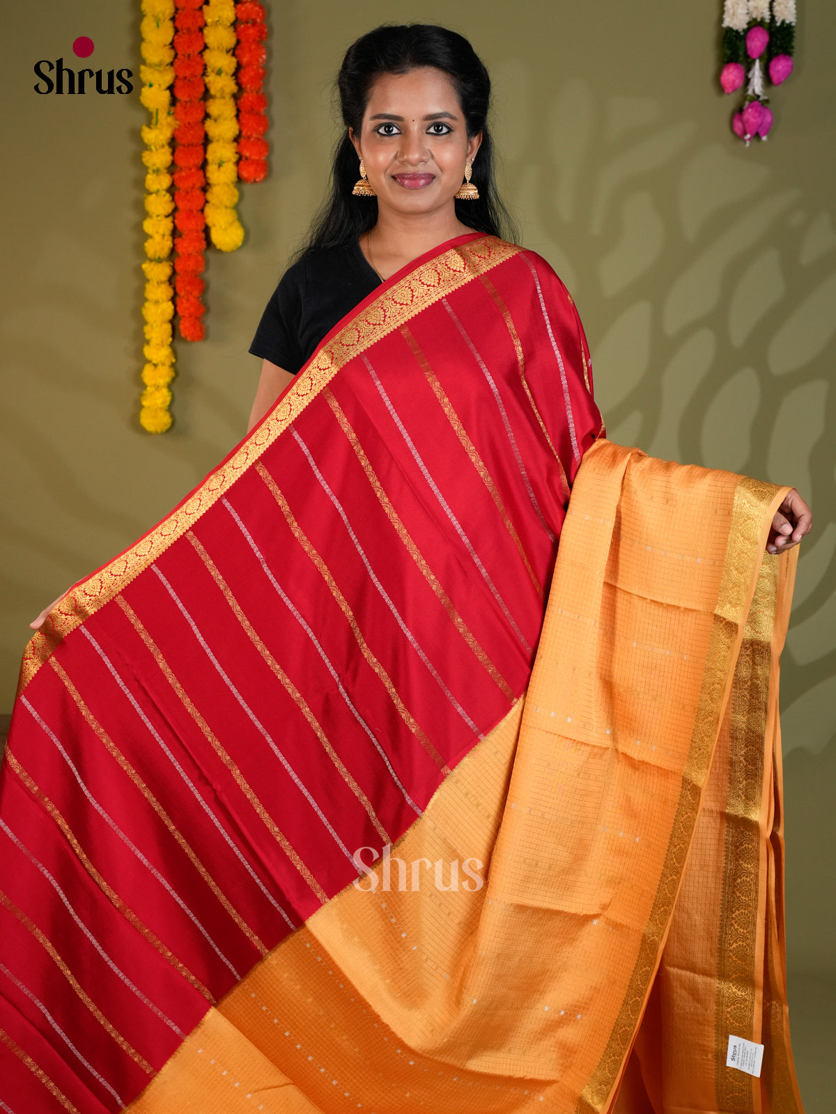 Buy Striking Red Half & Half Pure Mysore Silk Saree with Gold Stripes, Peach Checks & Zari Pallu