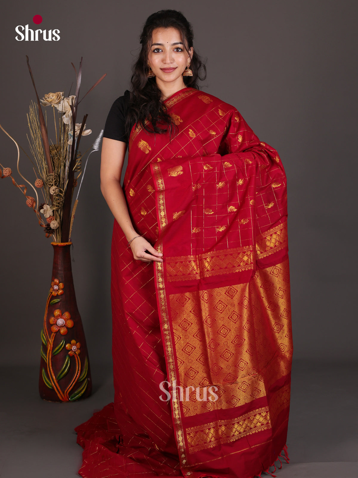 Traditional Red Kalyani Cotton Saree With Gold Checks, Buttas & Zari Woven Pallu