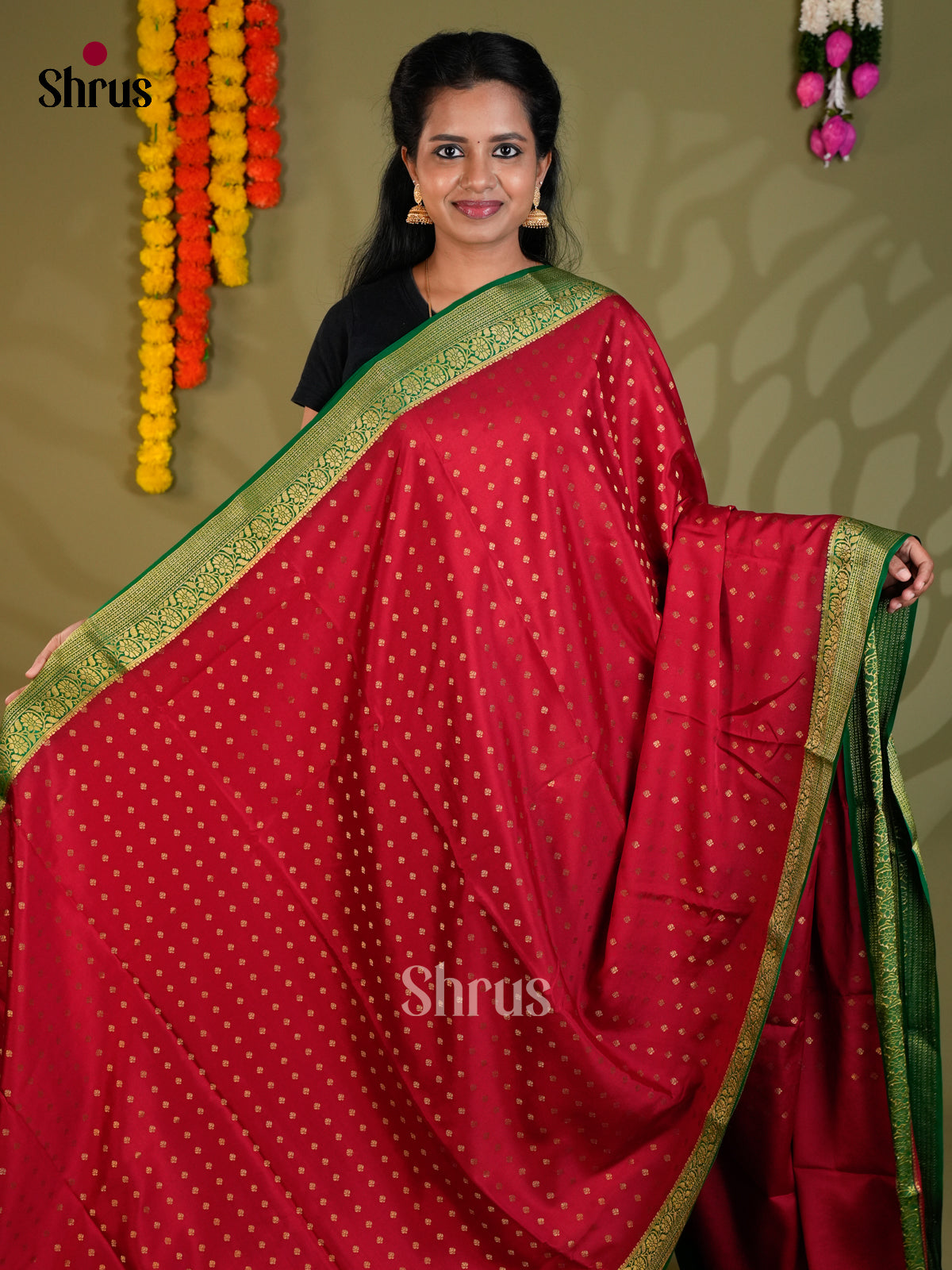 Buy Brilliant Red Mysore Crepe Silk Saree with Gold Zari Buttas, Green Border & Traditional Striped Pallu