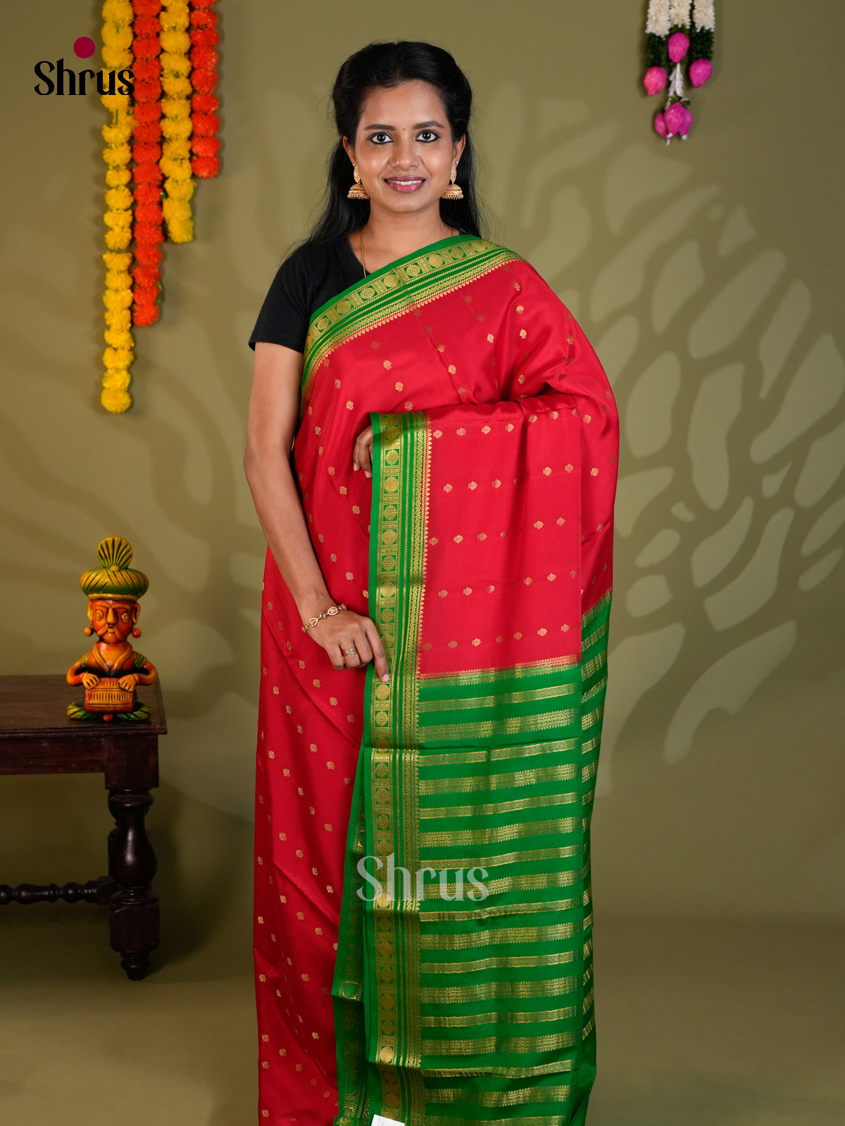 Buy Bright Red Mysore Silk Saree with Gold Buttas, Green Zari Border & Striped Pallu