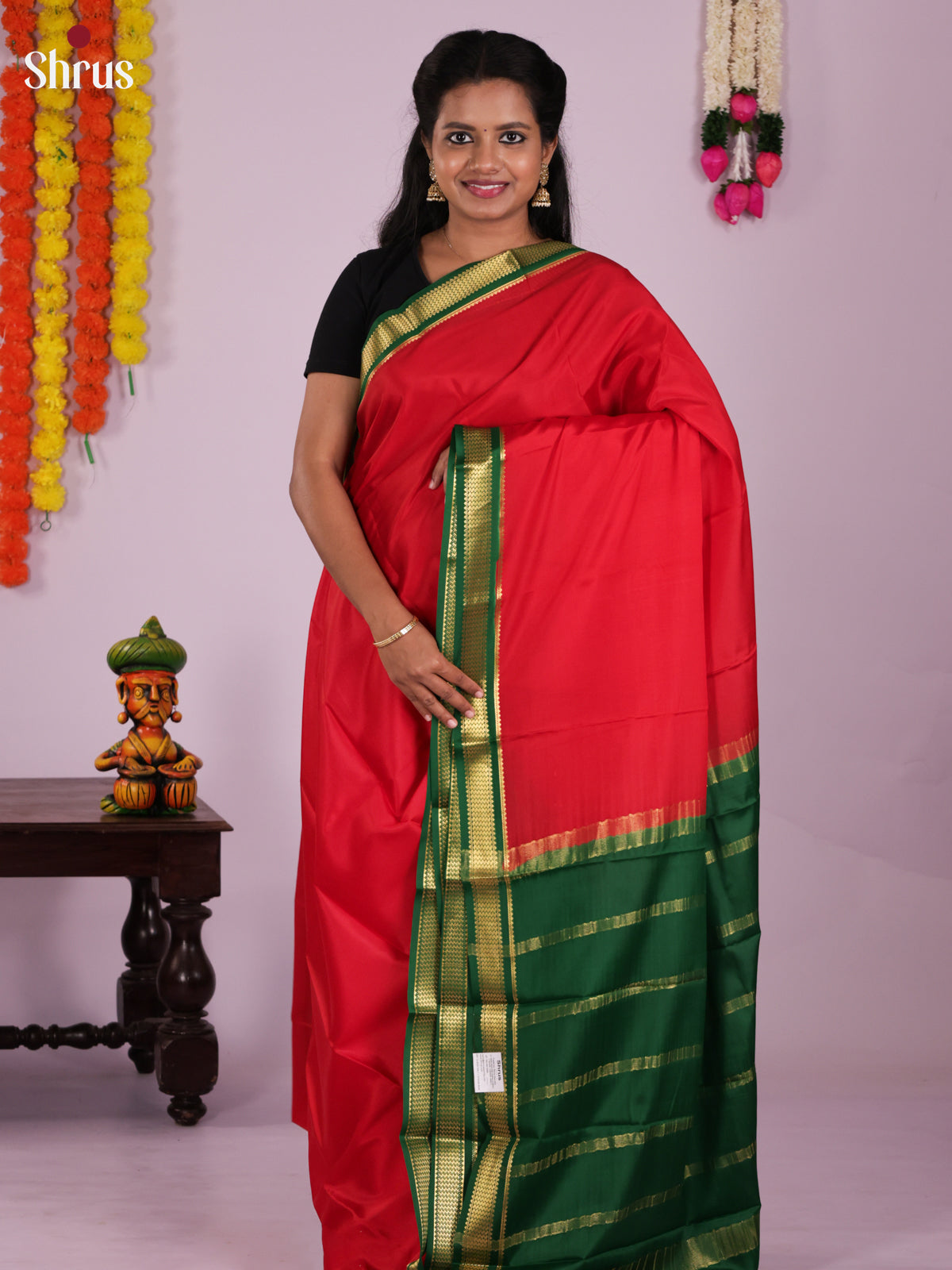 Buy Classic Red Mysore Silk Saree with Green Zari Border & Chit Pallu