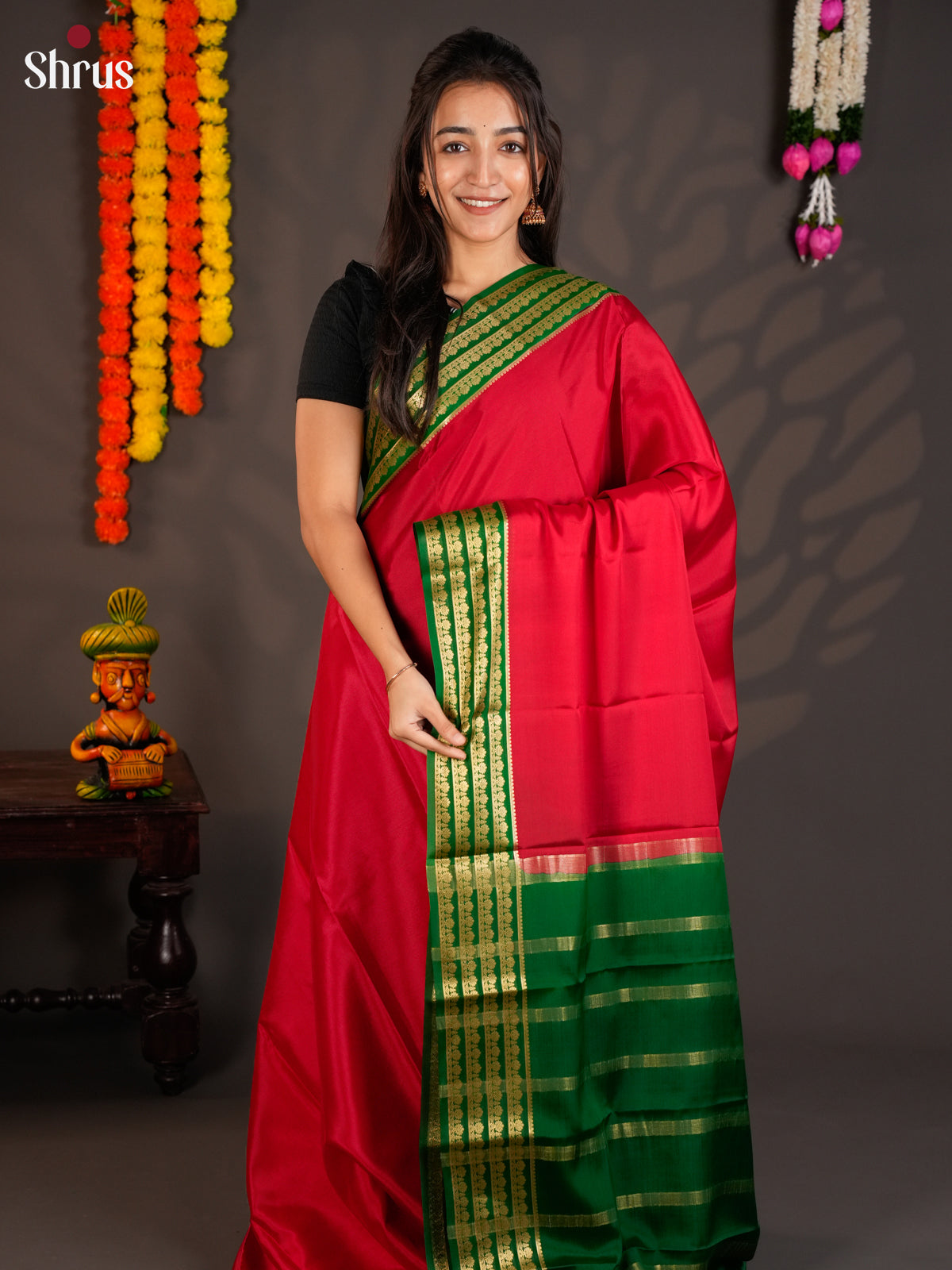 Buy Pretty Red Mysore Silk Saree with Plain Body, Green Zari Striped Border & Chit Pallu