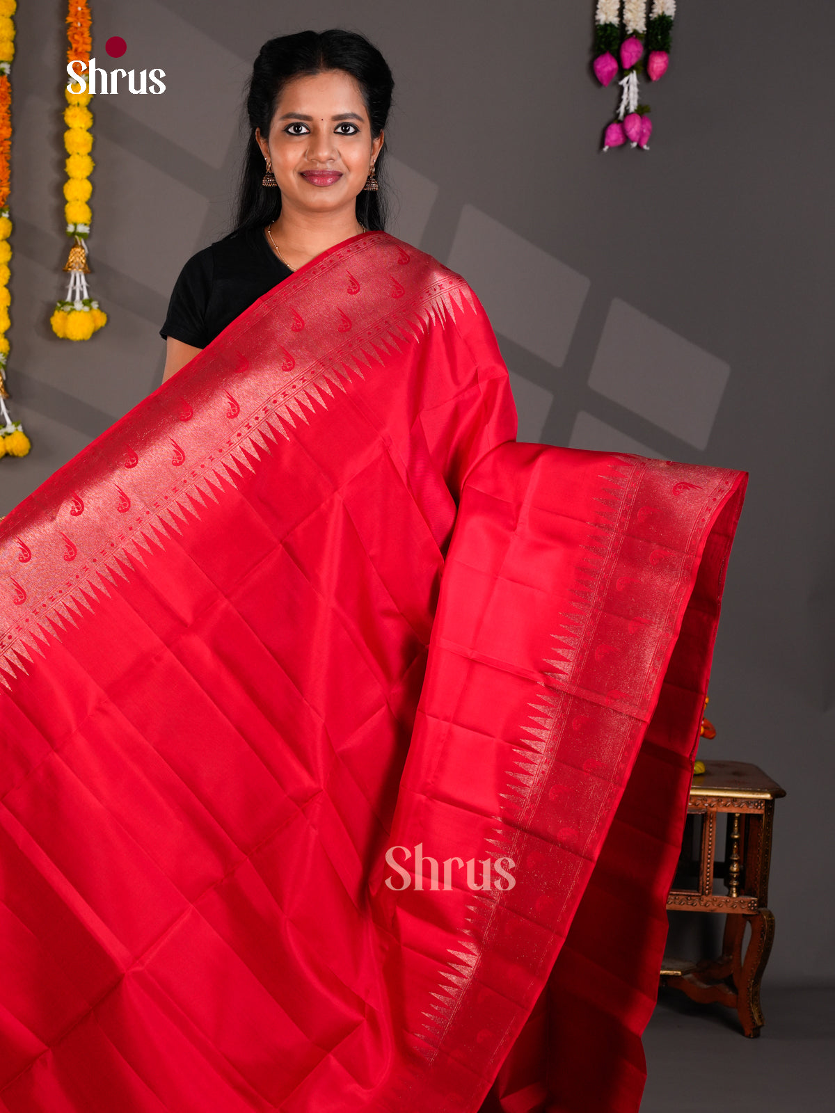 Buy Traditional Red Pattu Saree With Plain Body And Shimmery Silver Border With Bird Motifs