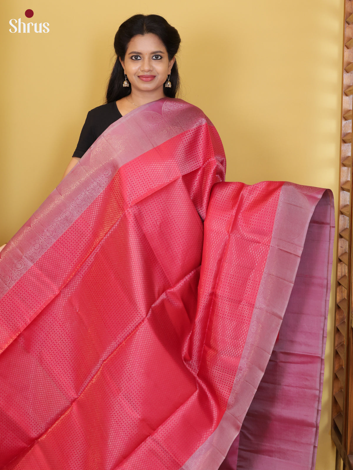 Buy Sheeny Red Pure Soft Silk Saree With Intricately Woven Silver Grids & Soft Pink Border With Paisley Motifs