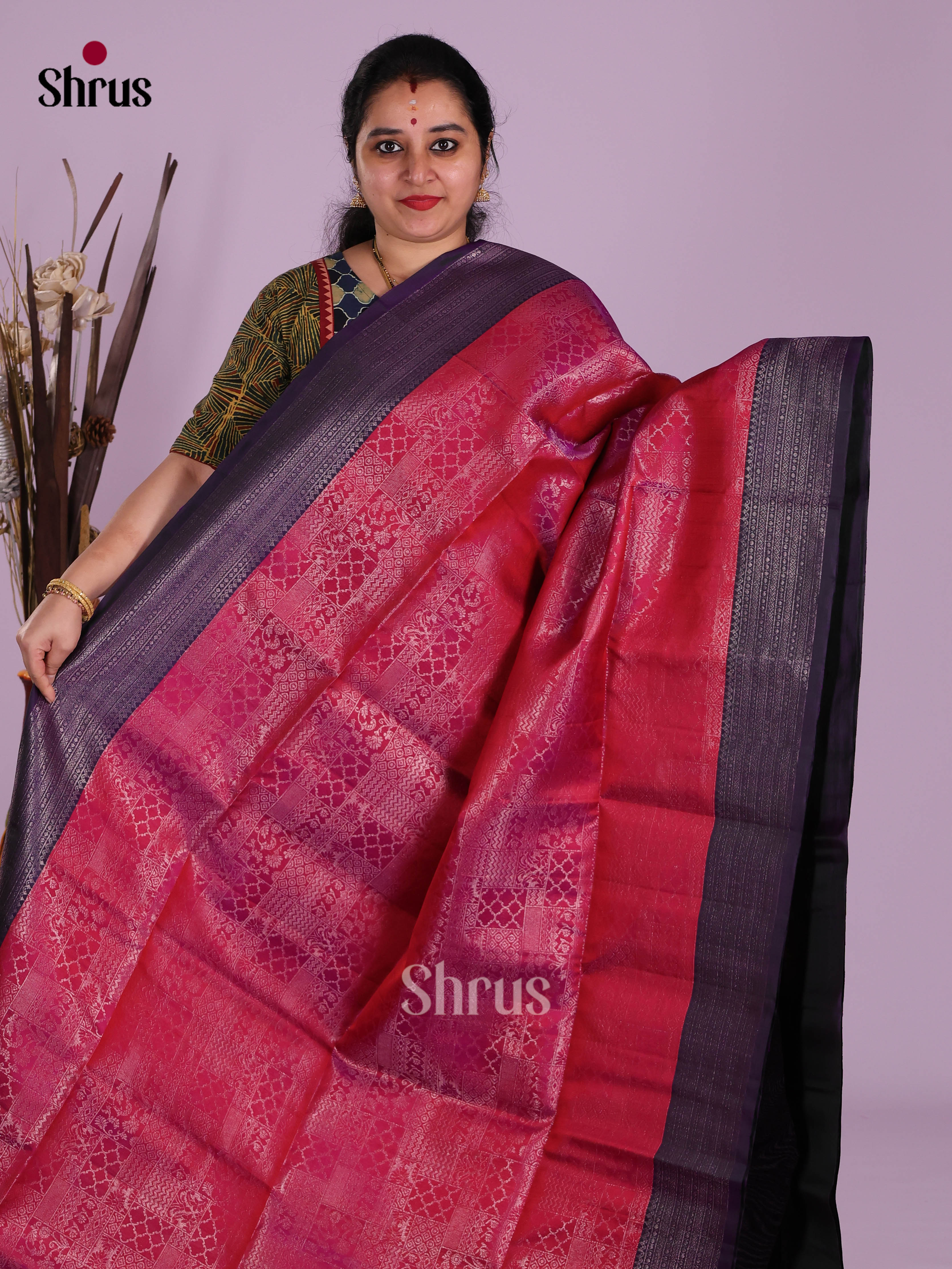 Buy Vibrant Red Pure Soft Silk Saree With Silver Zari Blocks, Deep Purple Border & Brocade Pallu