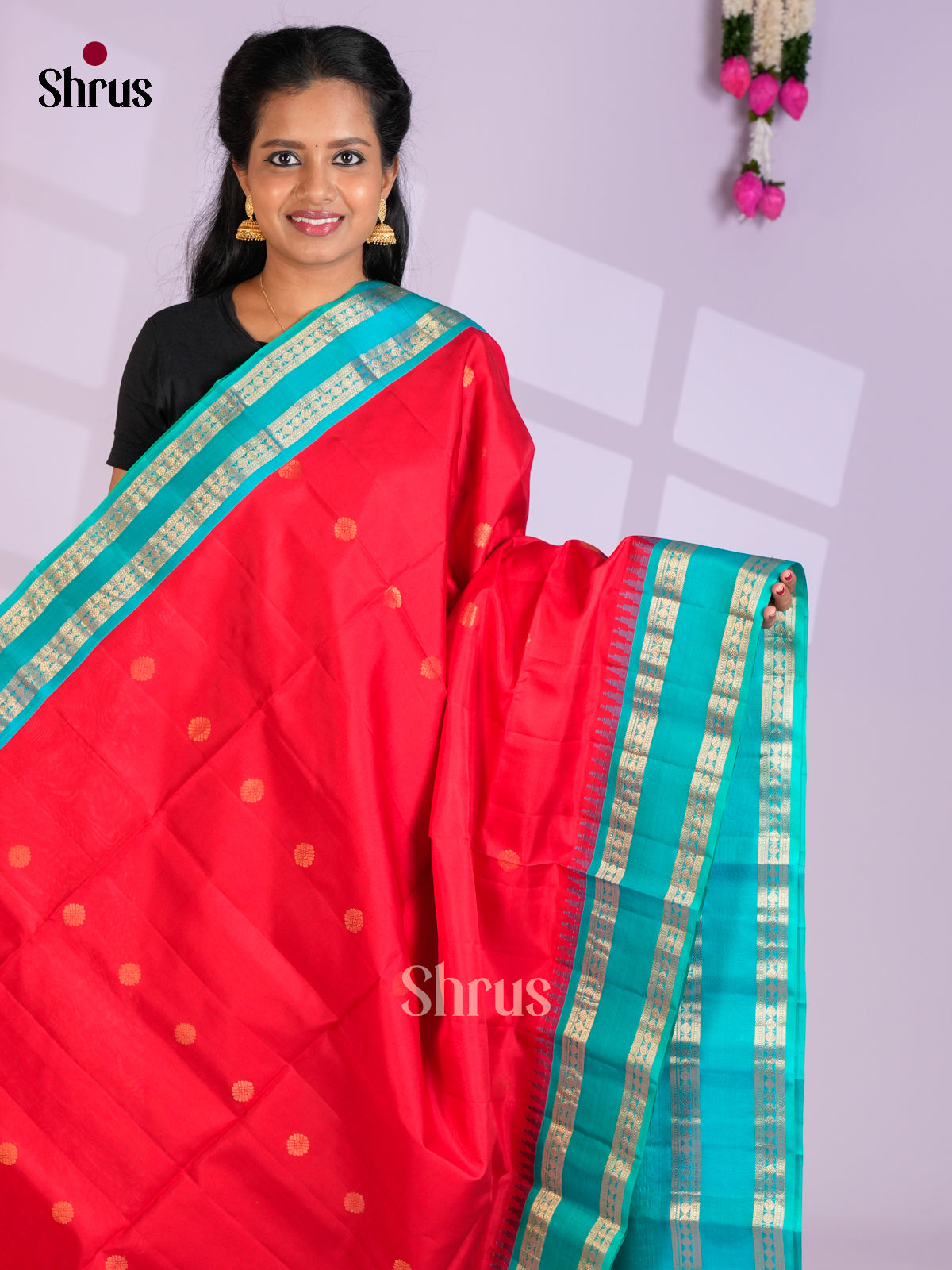 Buy Sassy Red Pure Soft Silk Saree with Floral Buttas, Turquoise Rettaipet Zari Border & Brocade Pallu