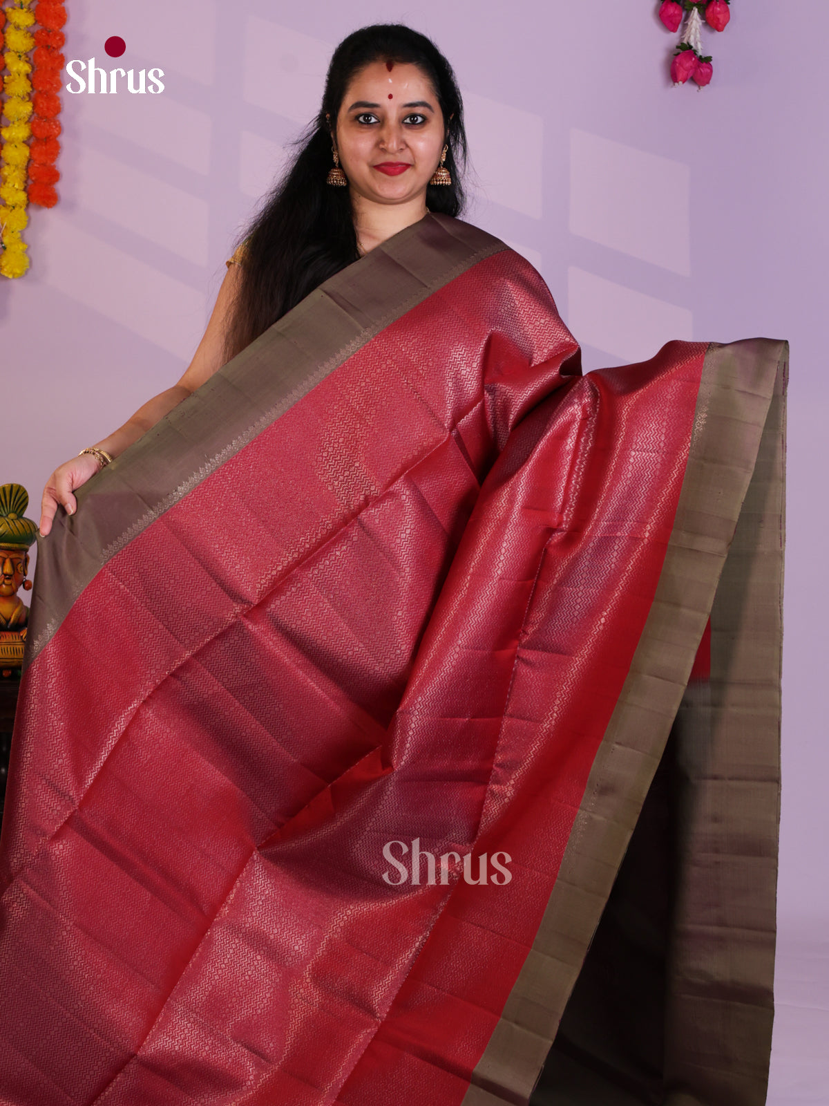 Buy Classy Red Pure Soft Silk Saree with Zari Brocade Body With Wave Pattern & Grey Border