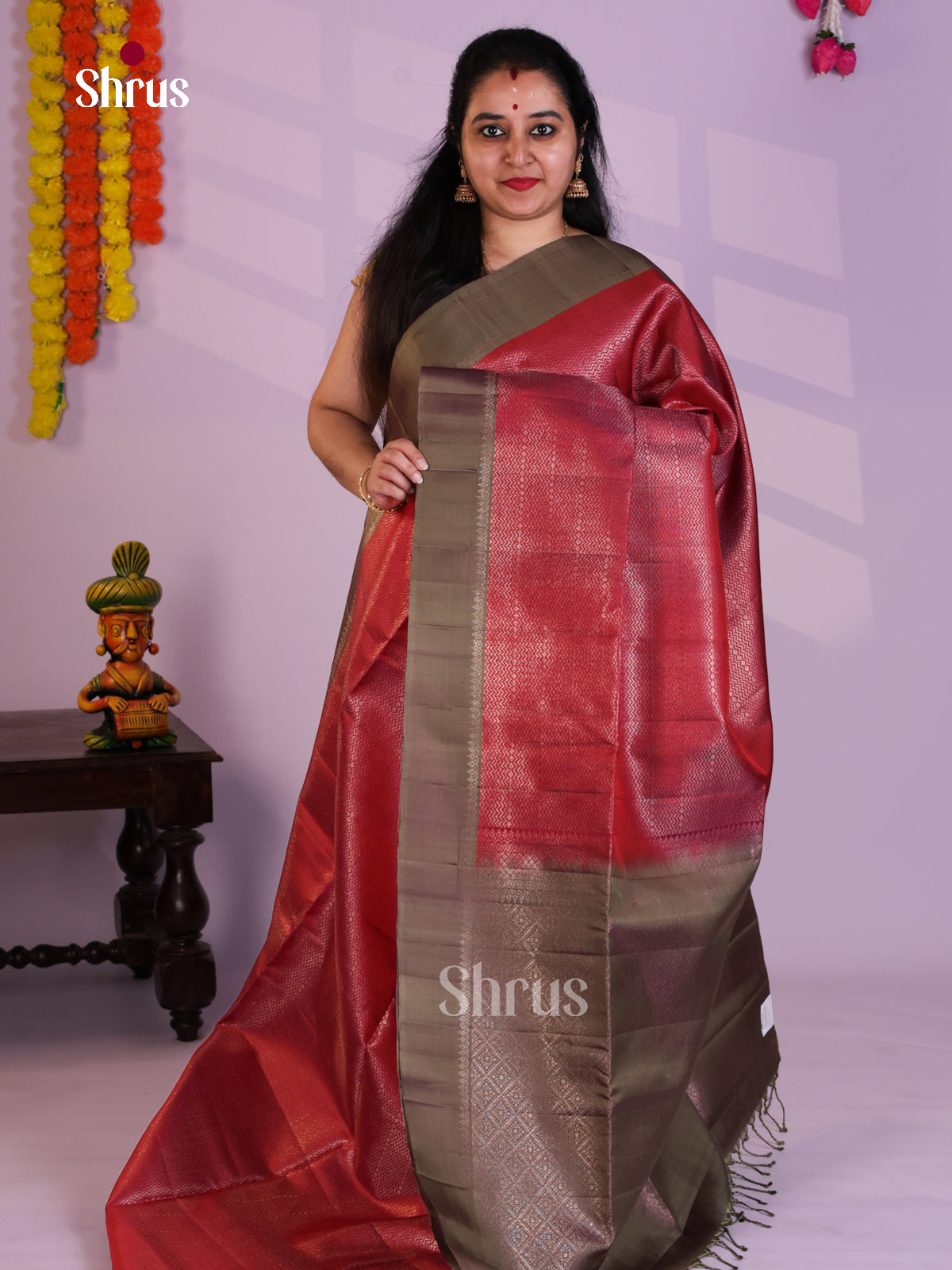 Buy Classy Red Soft Silk Saree with Zari Brocade Body With Wave Pattern & Grey Border