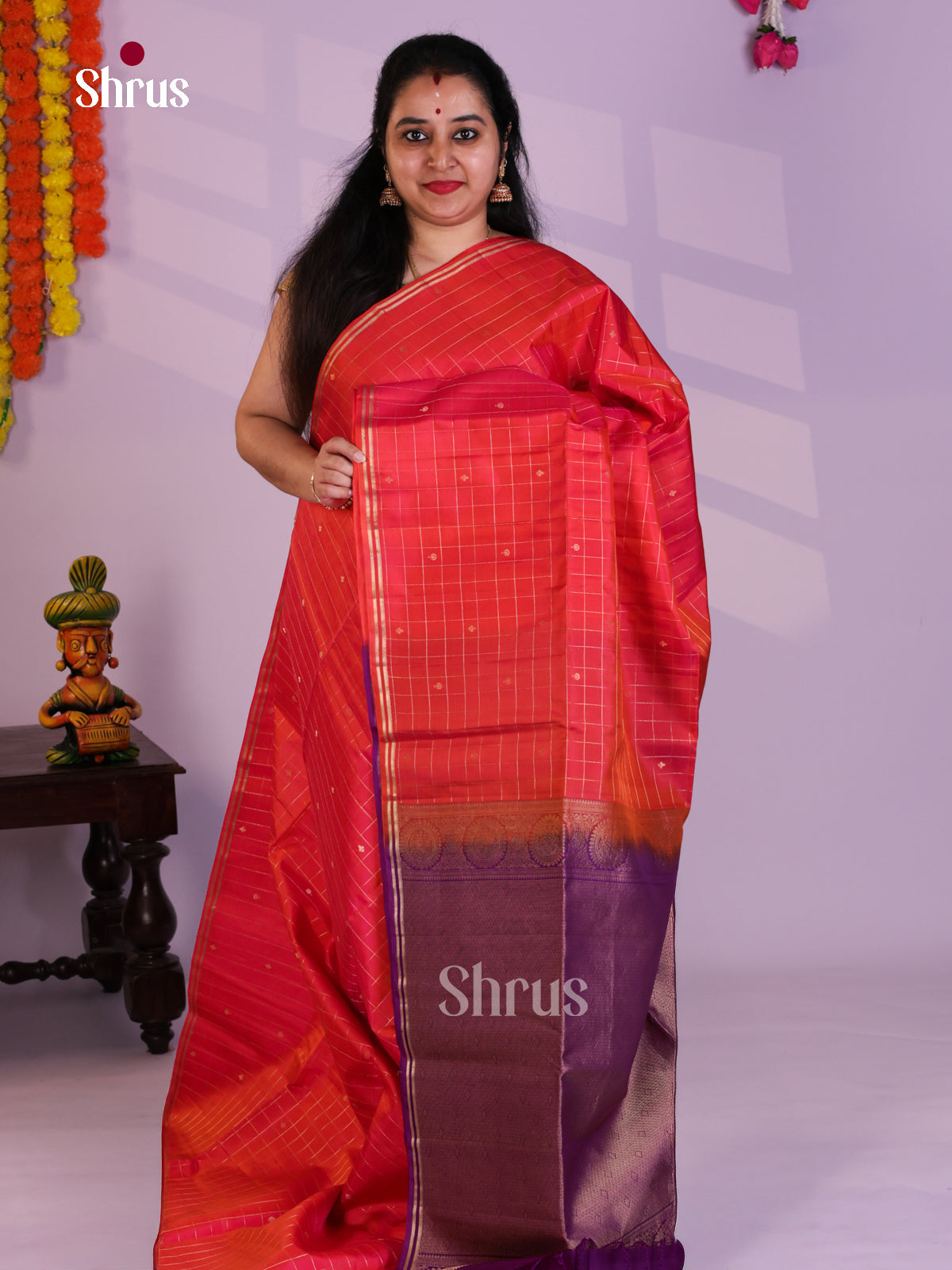 Buy Vivid Reddish Orange Checked Pure Soft Silk Saree With Buttas & Purple Brocade Pallu