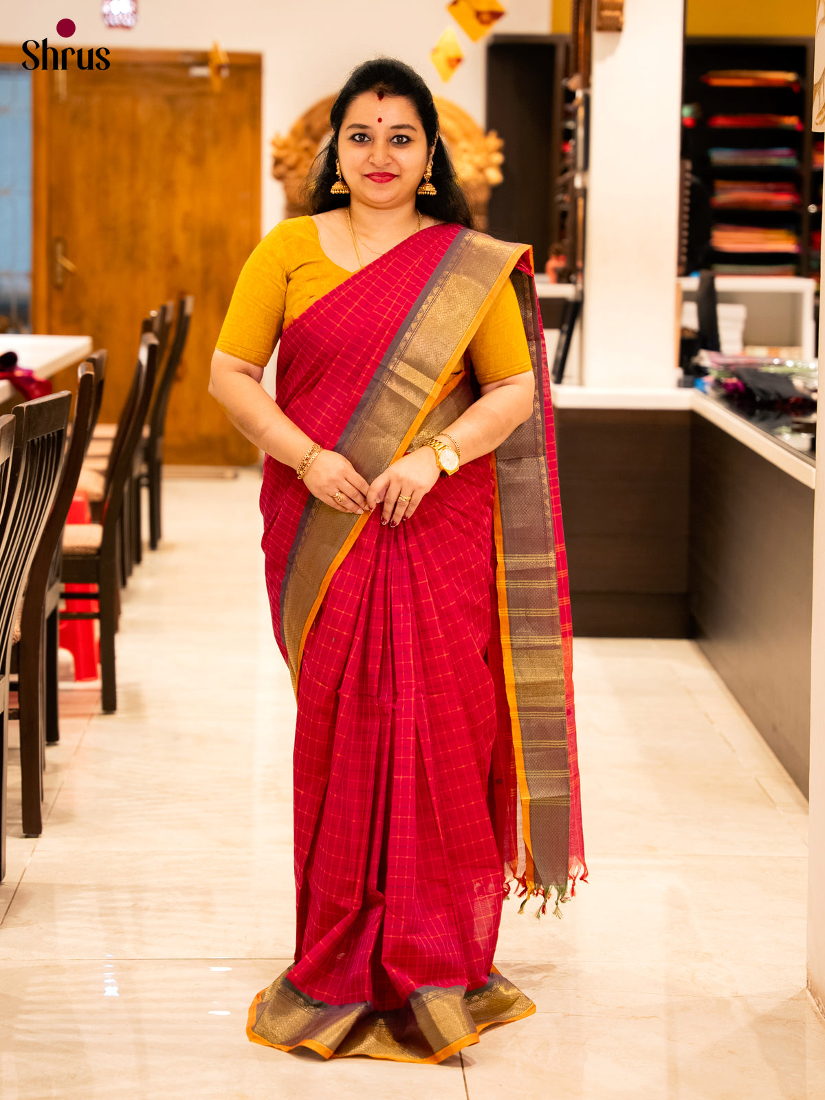 Alluring Reddish Pink Chettinad Cotton Saree With Checks & Mustard Zari Woven Border
