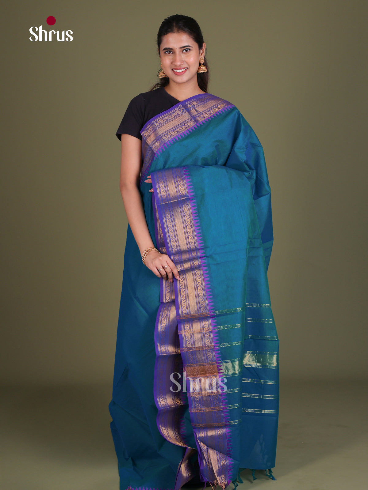 Regal Blue Chettinad Cotton Saree With Plain Body & Violet Temple Border With Zari Bands