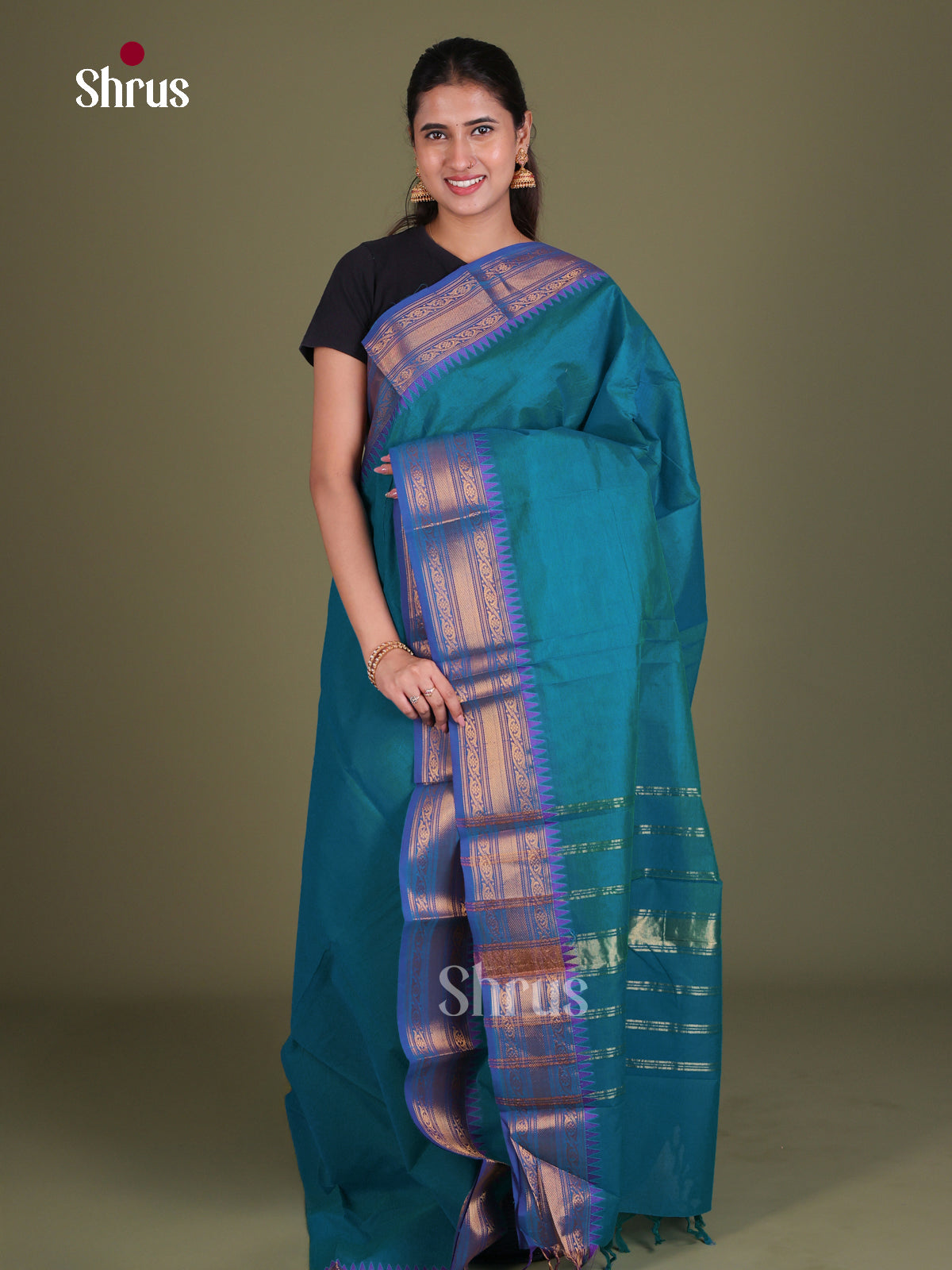 Teal Chettinad Cotton Saree With Plain Body & Violet Temple Border With Zari Bands - Shop on Shrus.com