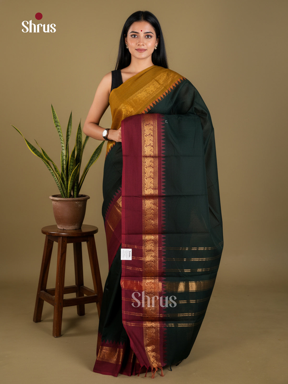 Regal Bottle Green Chettinad Cotton Saree With Plain Body & Ganga Jamuna Zari Temple Border 
