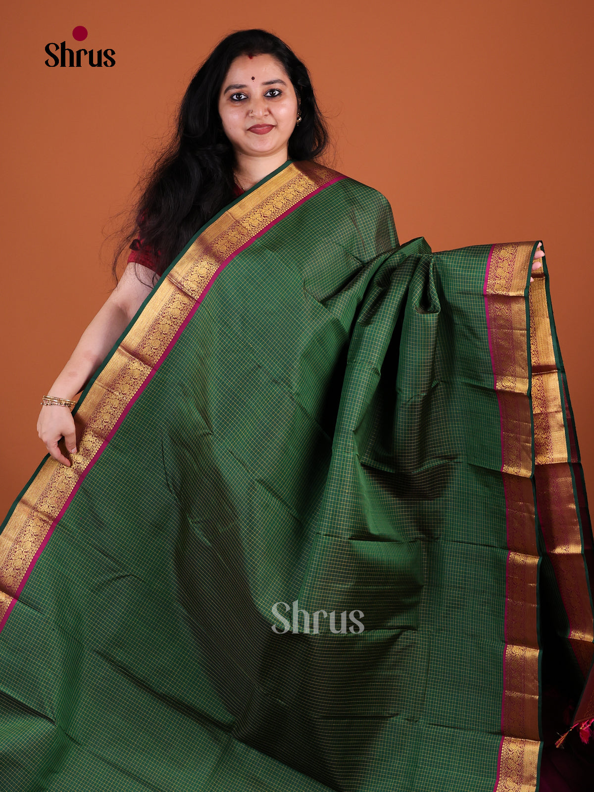 Regal Bottle Green Kanchipuram Pattu Saree With Micro Checks | Magenta Pink Zari Border & Striped Pallu