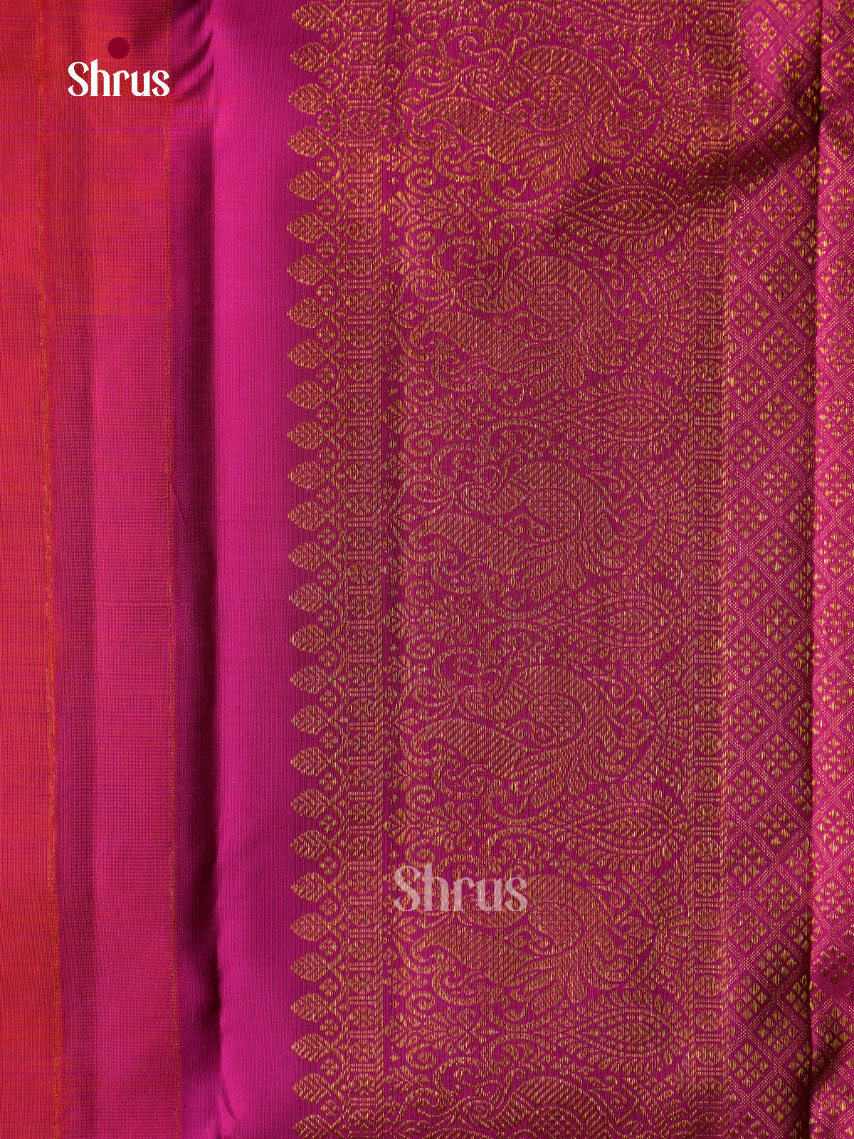 Regal Coral Red Kanchipuram Saree With Gold Floral Buttas | Fuchsia Pink Rettapet Zari Border