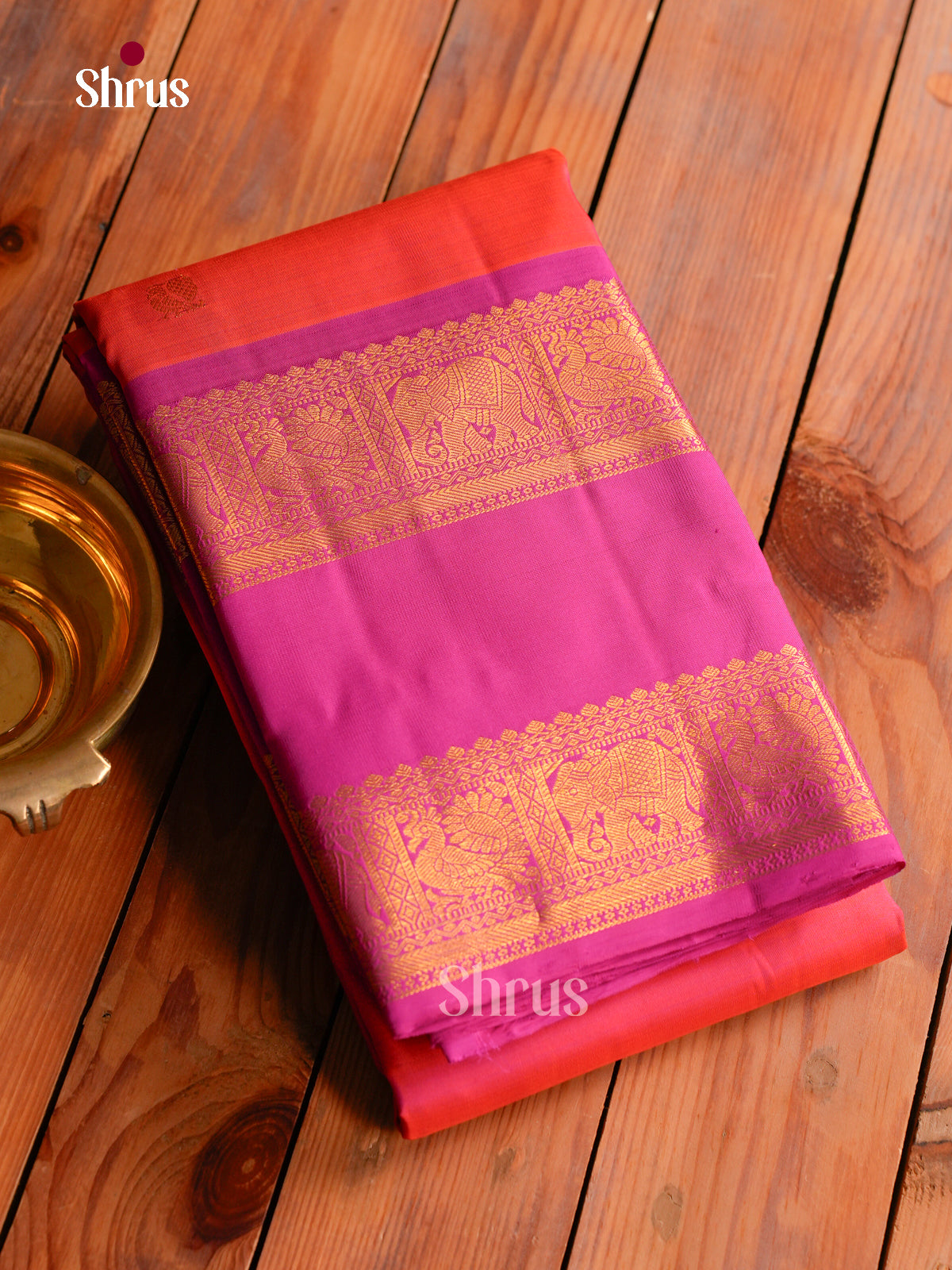 Regal Coral Red Kanchipuram Silk Saree With Gold Floral Buttas | Fuchsia Pink Rettapet Zari Border