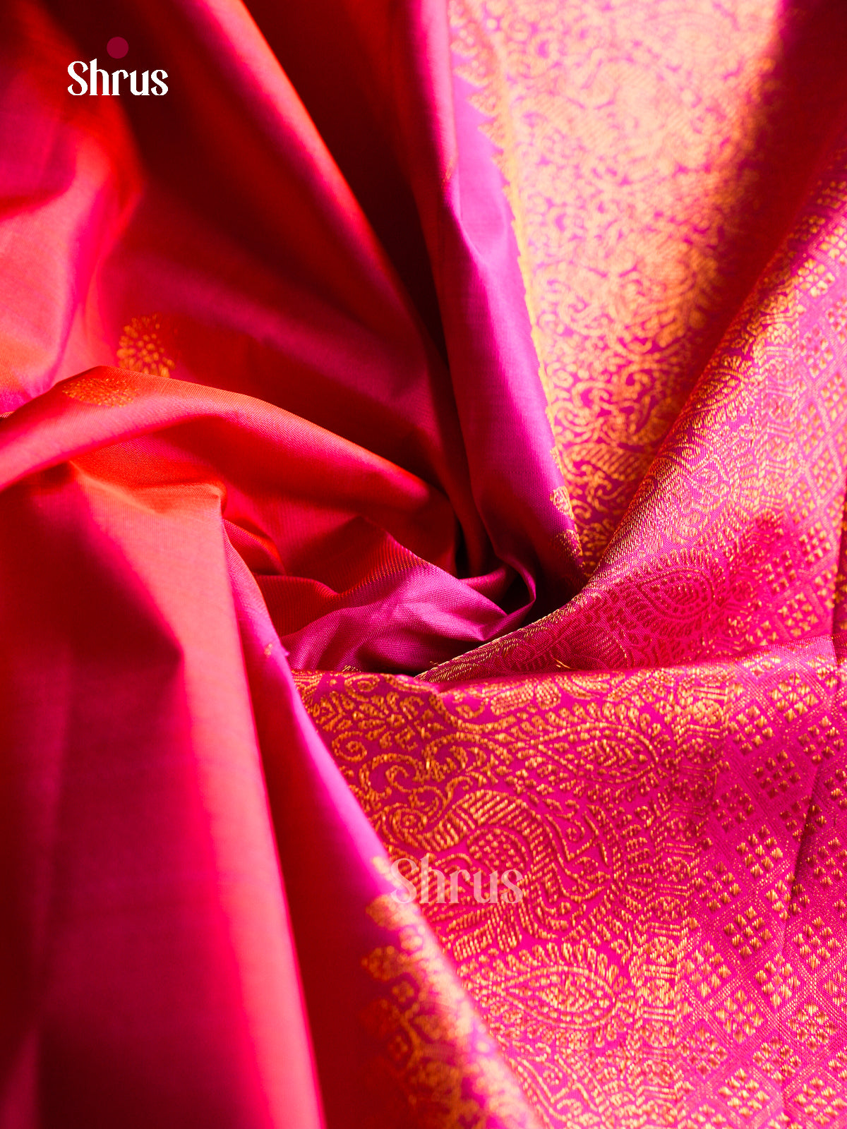 Regal Coral Red Silk Saree With Gold Floral Buttas | Fuchsia Pink Rettapet Zari Border