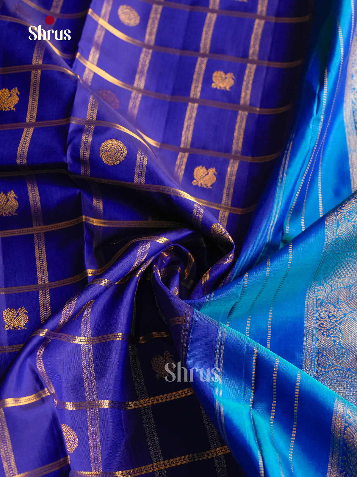 Regal Dark Blue 9Yards Silk Sarees With Checks & Buttas | Blue Rettapet Zari Border