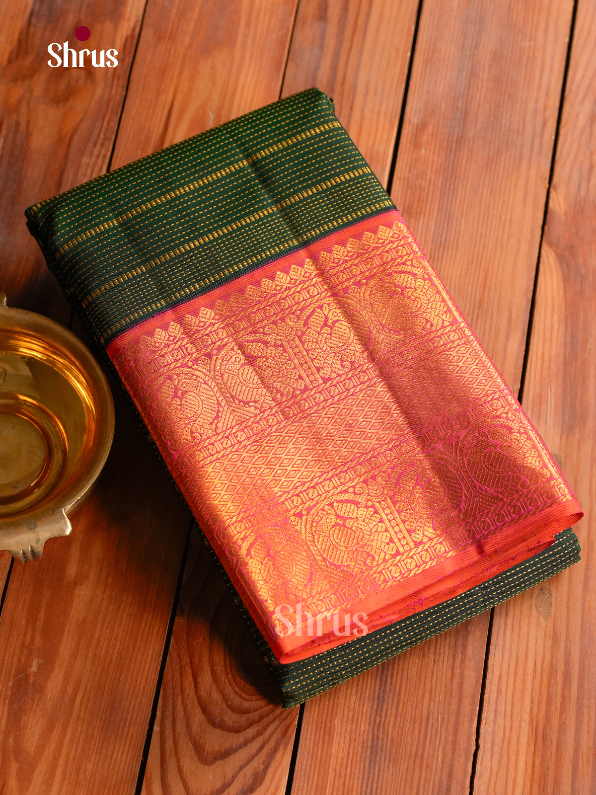 Regal Dark Green Kanchipuram Silk Saree With Dotted Zari Stripes | Pink Zari Border & Brocade Pallu